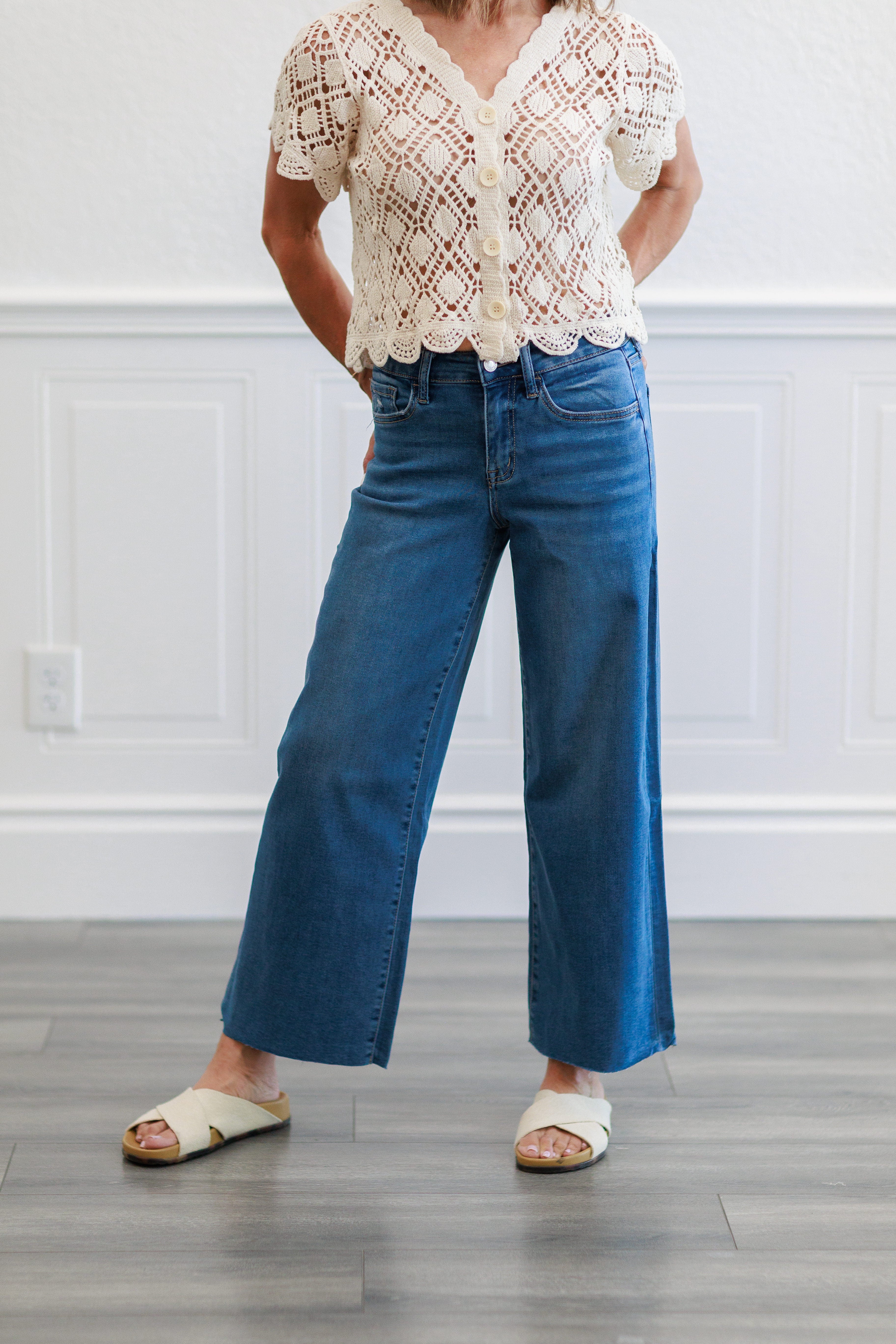 Super Soft Medium Wash High Waist Wide Leg Crop Jeans