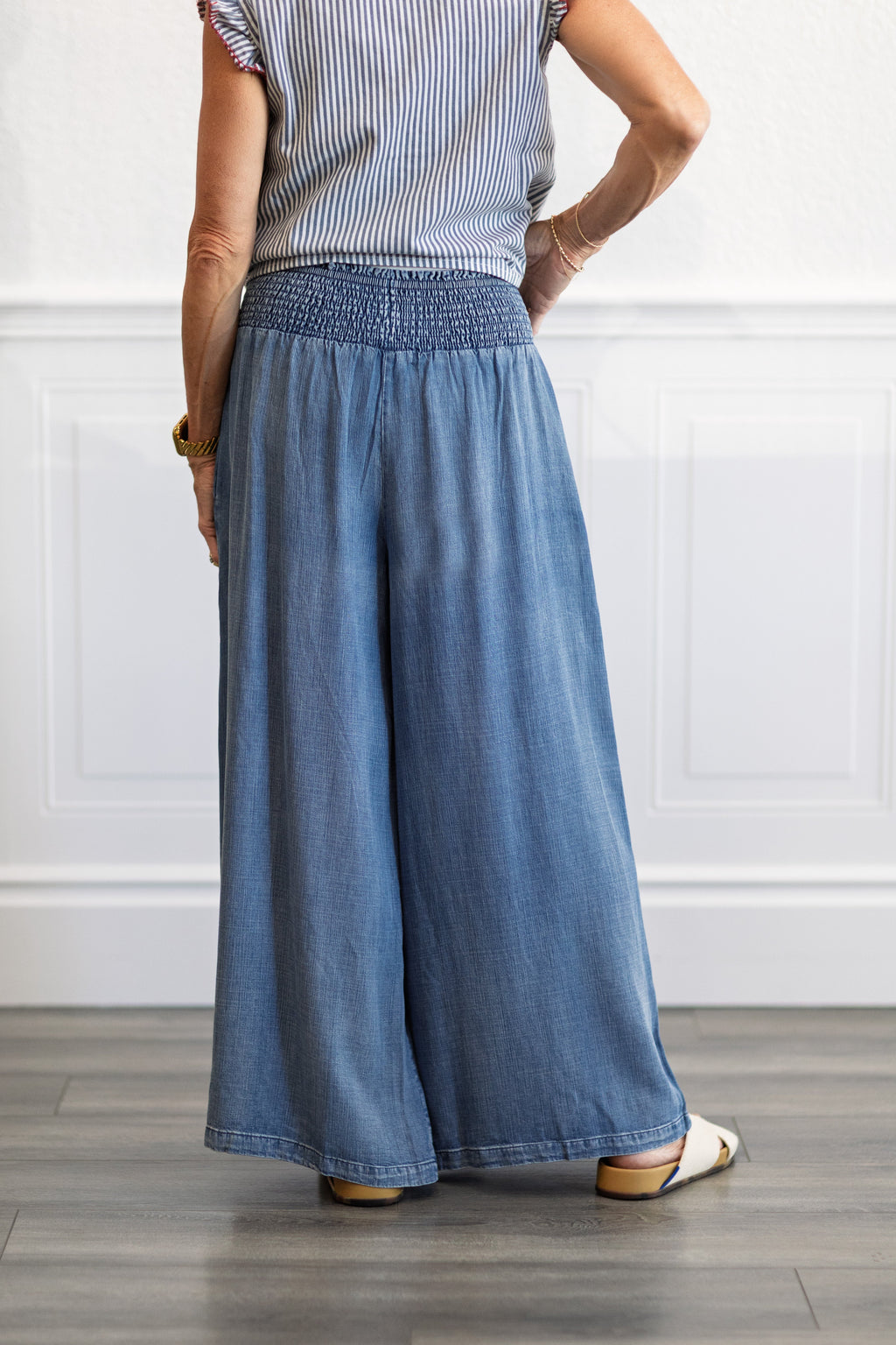 Smocked Waist Wide Leg Chambray Pants in Dark Denim