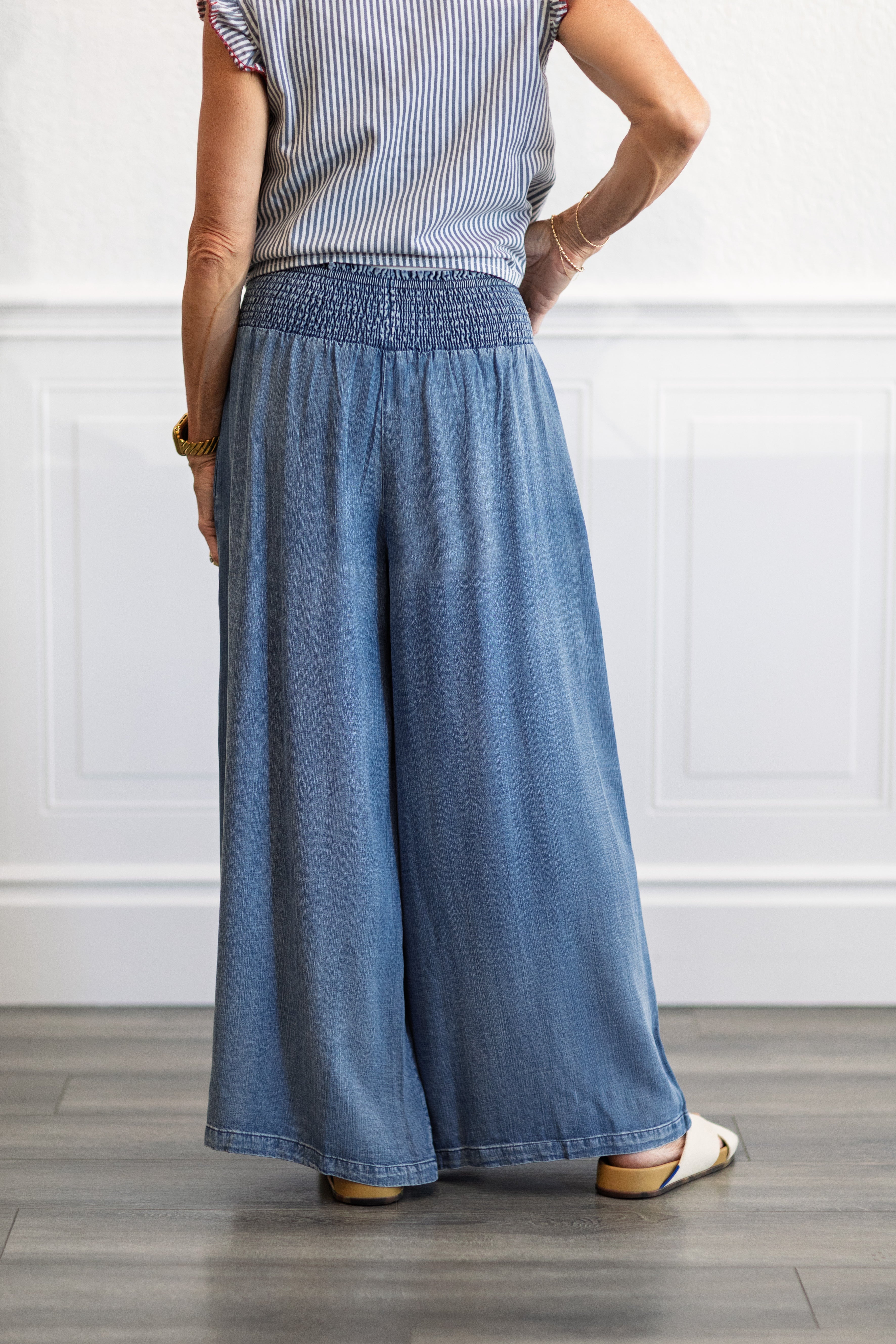 Smocked Waist Wide Leg Chambray Pants in Dark Denim
