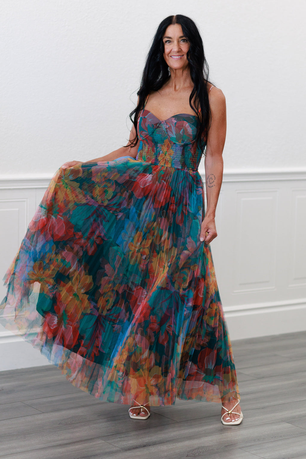 Pleated Floral Tulle Maxi Dress in Multi Orange