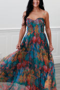 Pleated Floral Tulle Maxi Dress in Multi Orange
