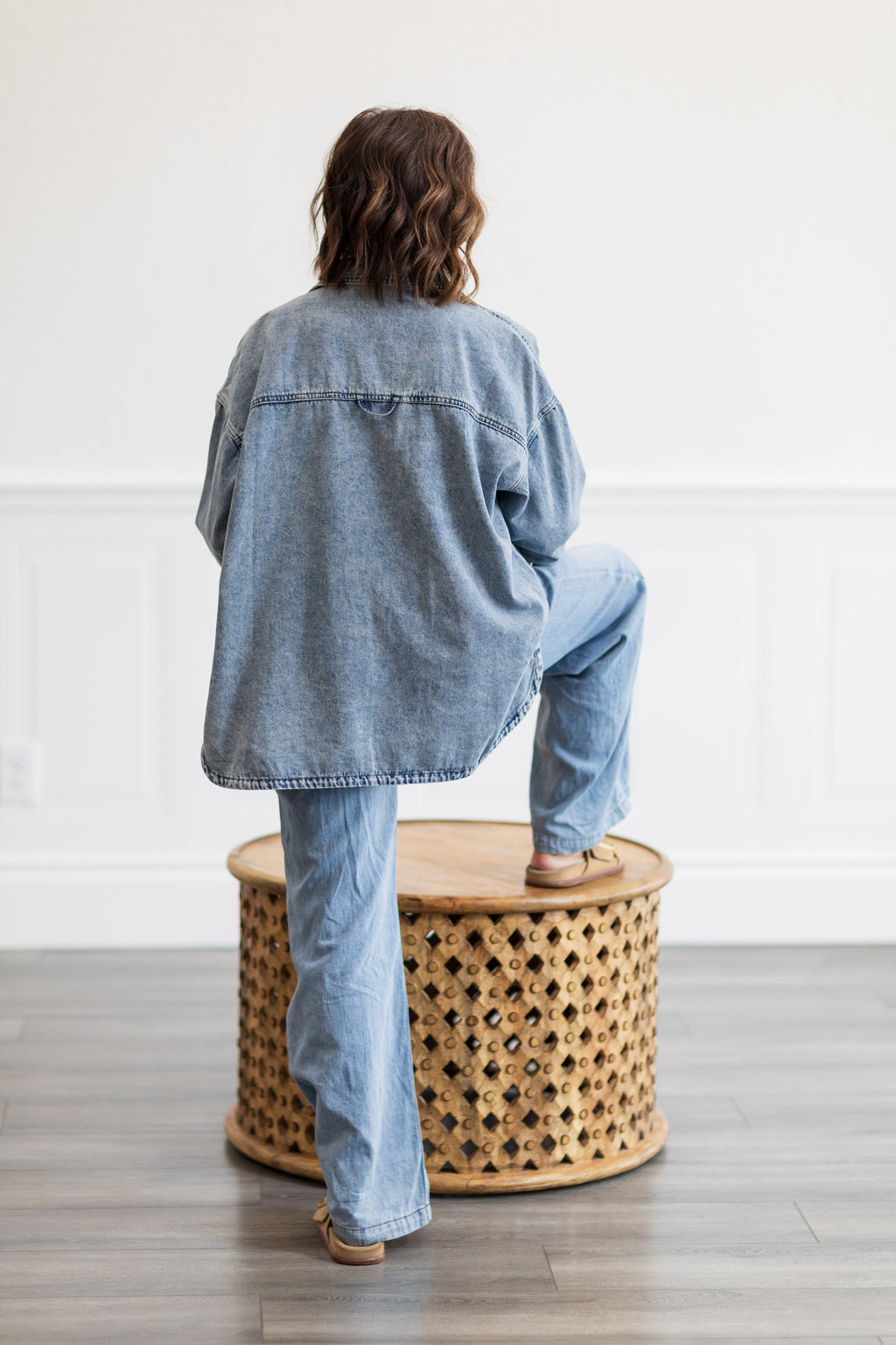 Washed Denim Relaxed Fit Shirt Top with Pocket
