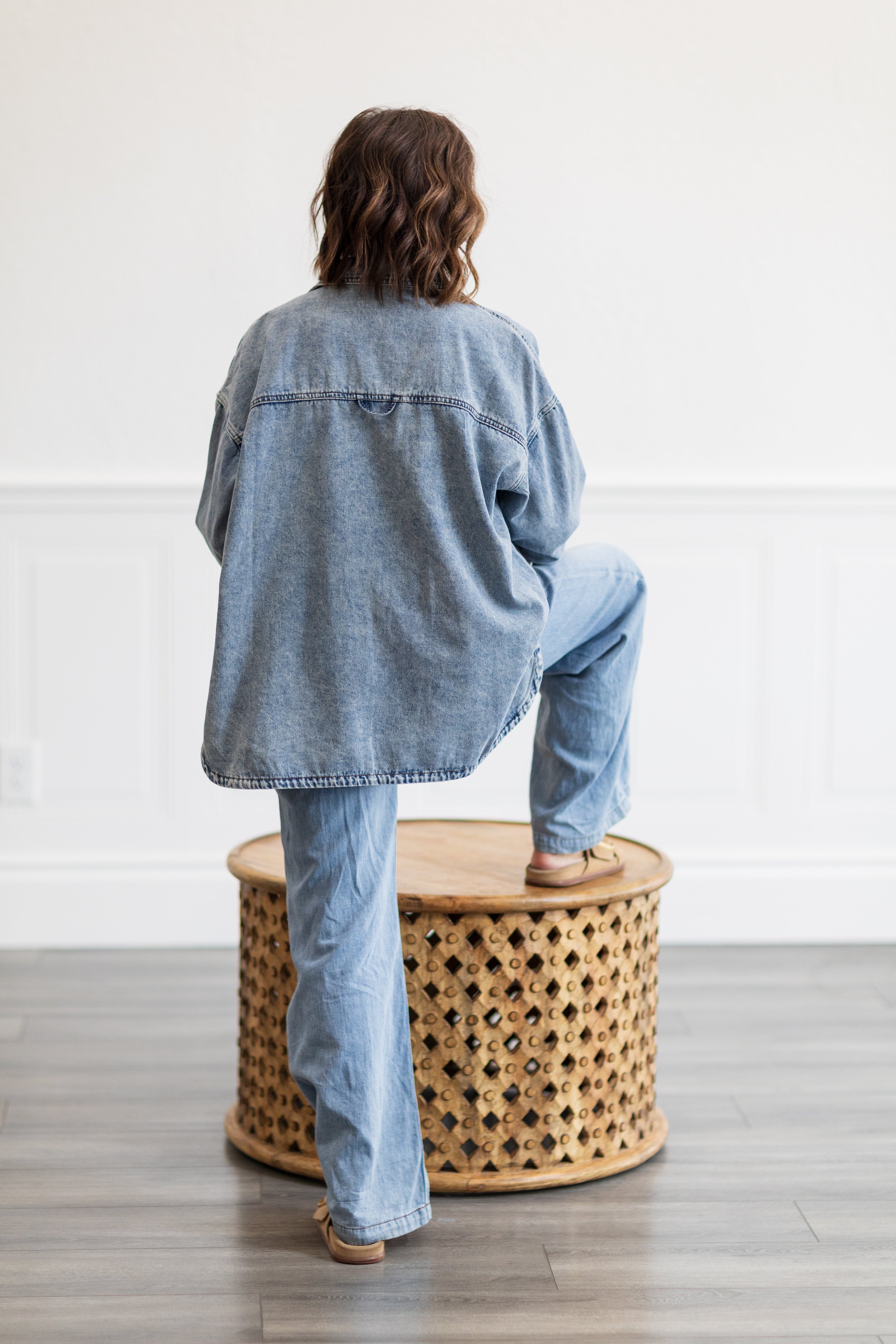 Washed Denim Relaxed Fit Shirt Top with Pocket