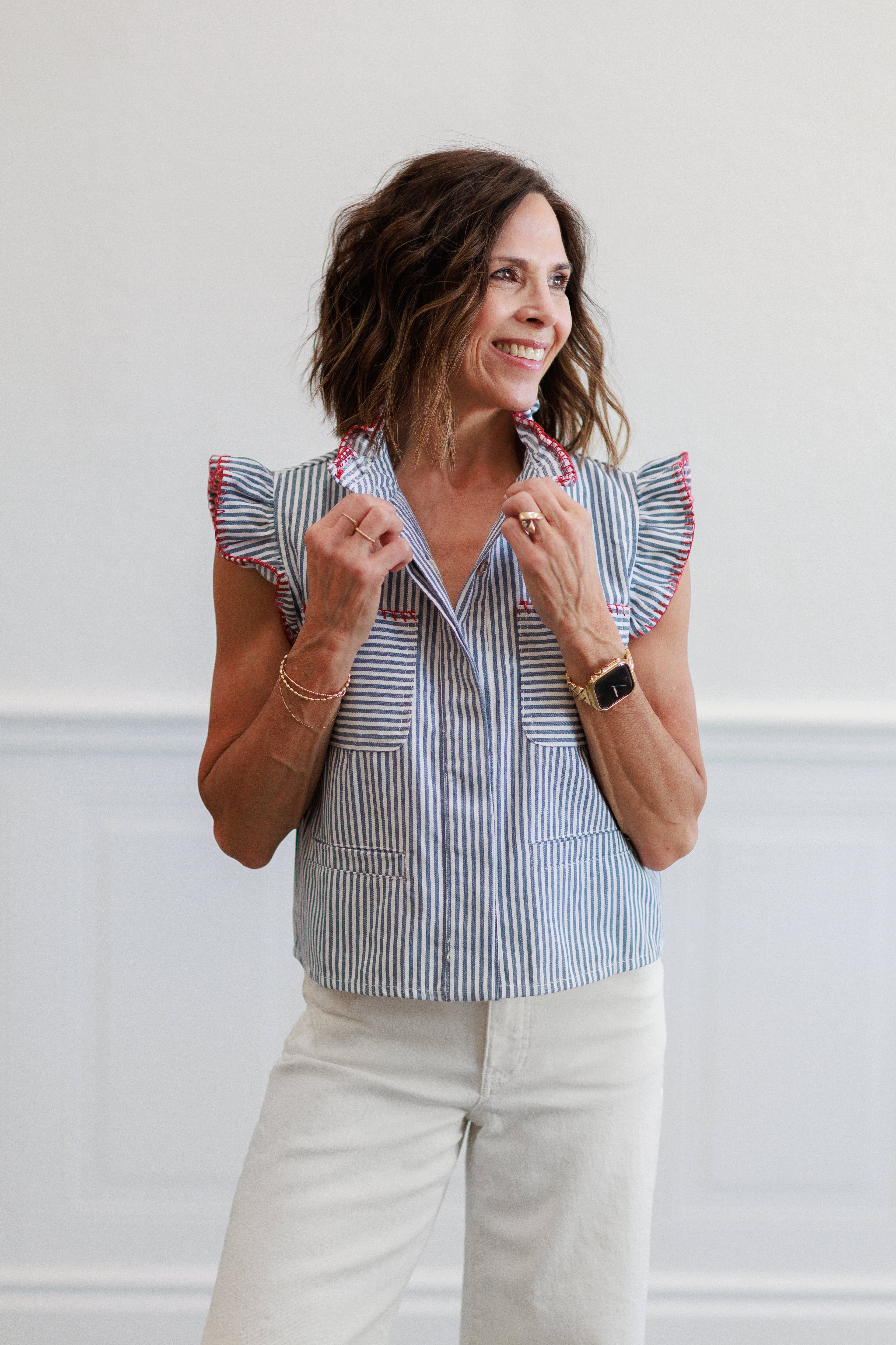 Blue Stripe Ruffle Trim Button Front Blouse