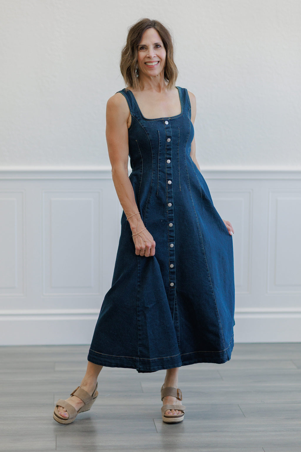 Dark Wash Denim Square Neck Button Front Midi Dress