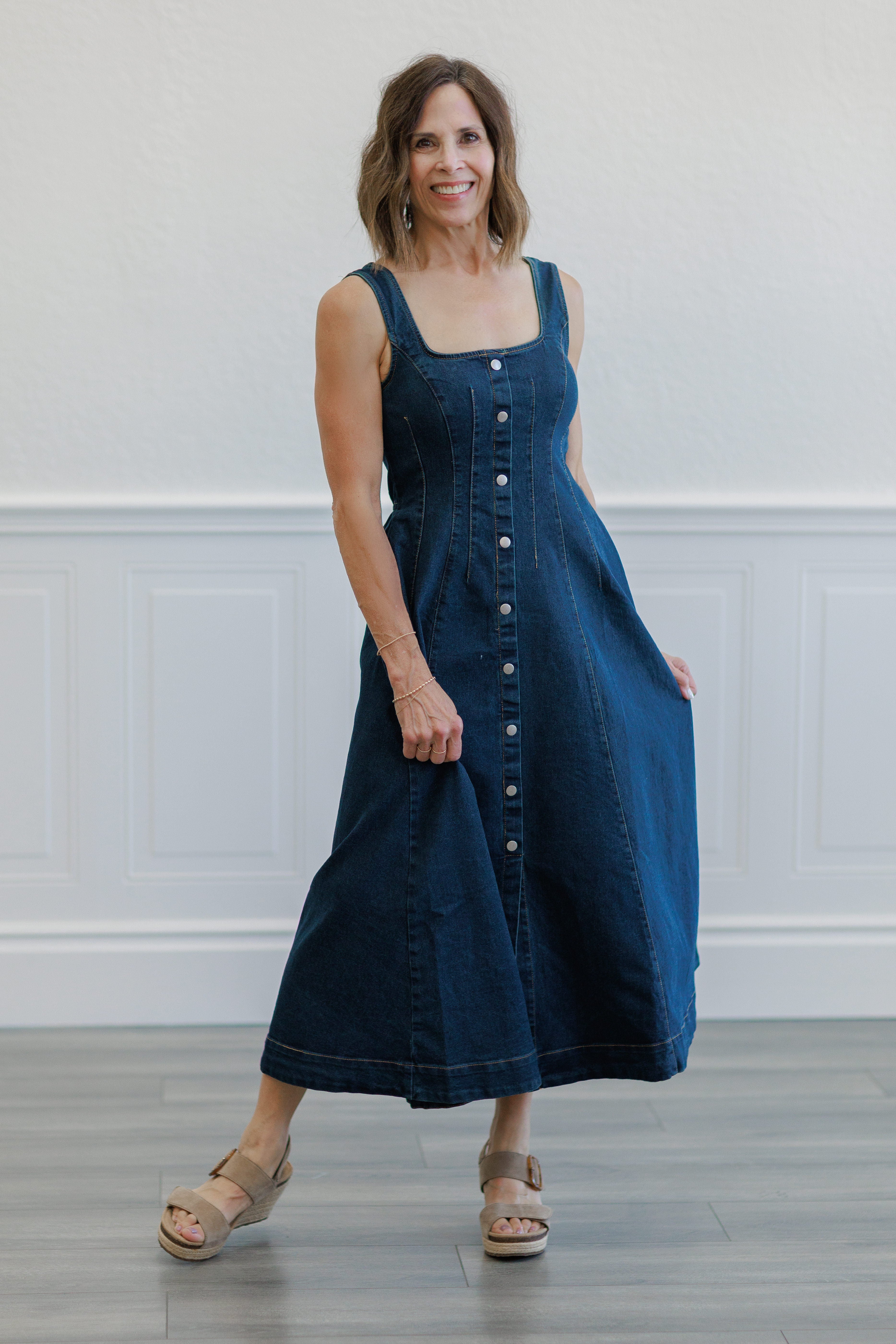 Dark Wash Denim Square Neck Button Front Midi Dress