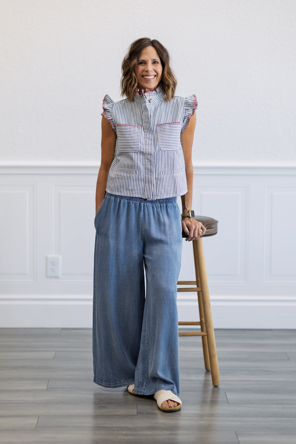 Smocked Waist Wide Leg Chambray Pants in Dark Denim
