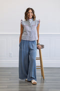 Smocked Waist Wide Leg Chambray Pants in Dark Denim