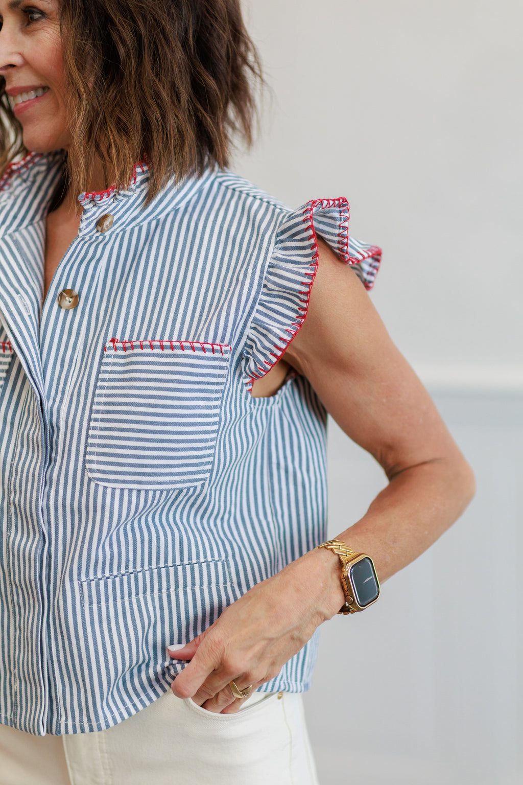 Blue Stripe Ruffle Trim Button Front Blouse