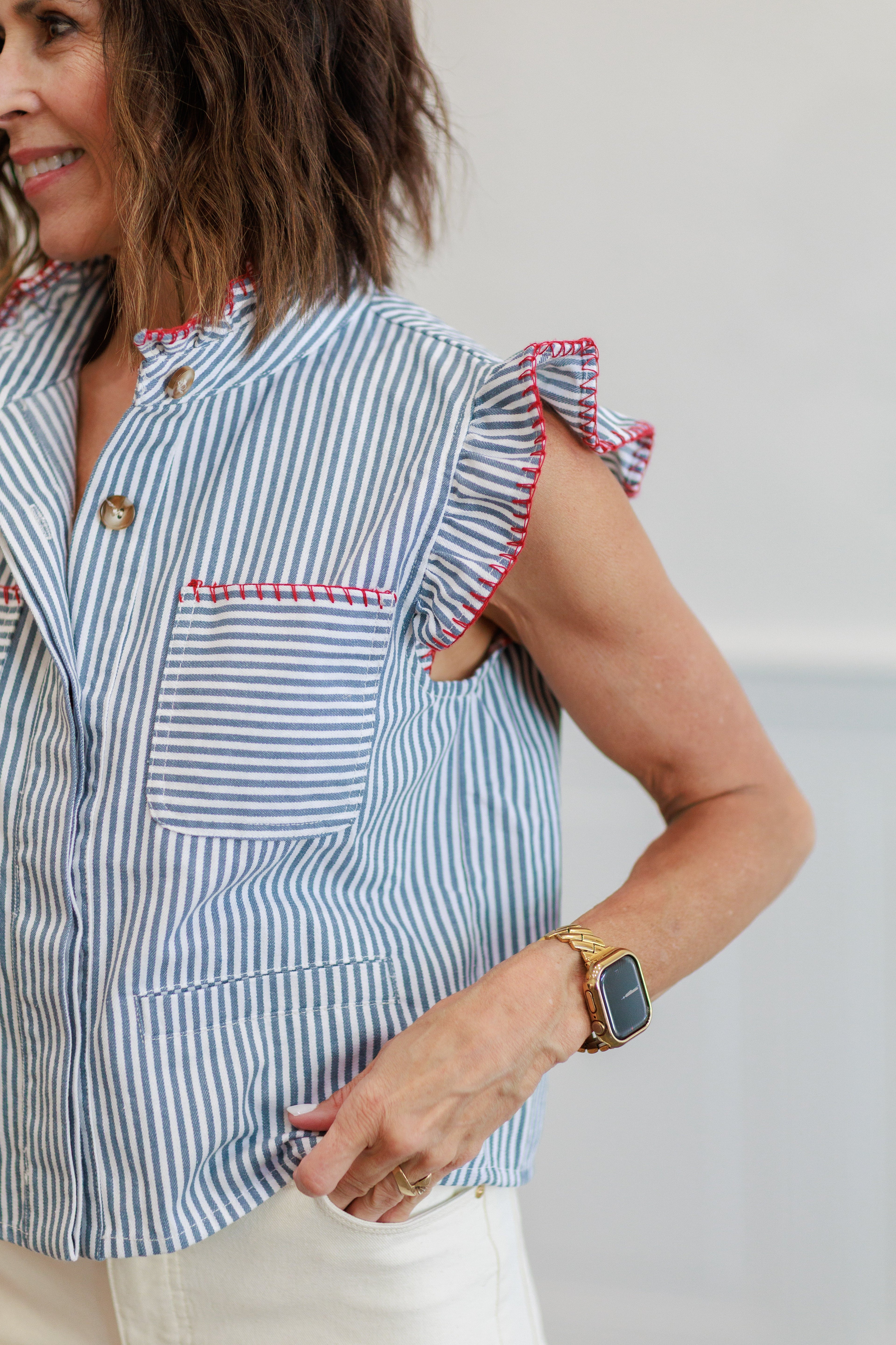Blue Stripe Ruffle Trim Button Front Blouse