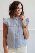 Blue Stripe Ruffle Trim Button Front Blouse
