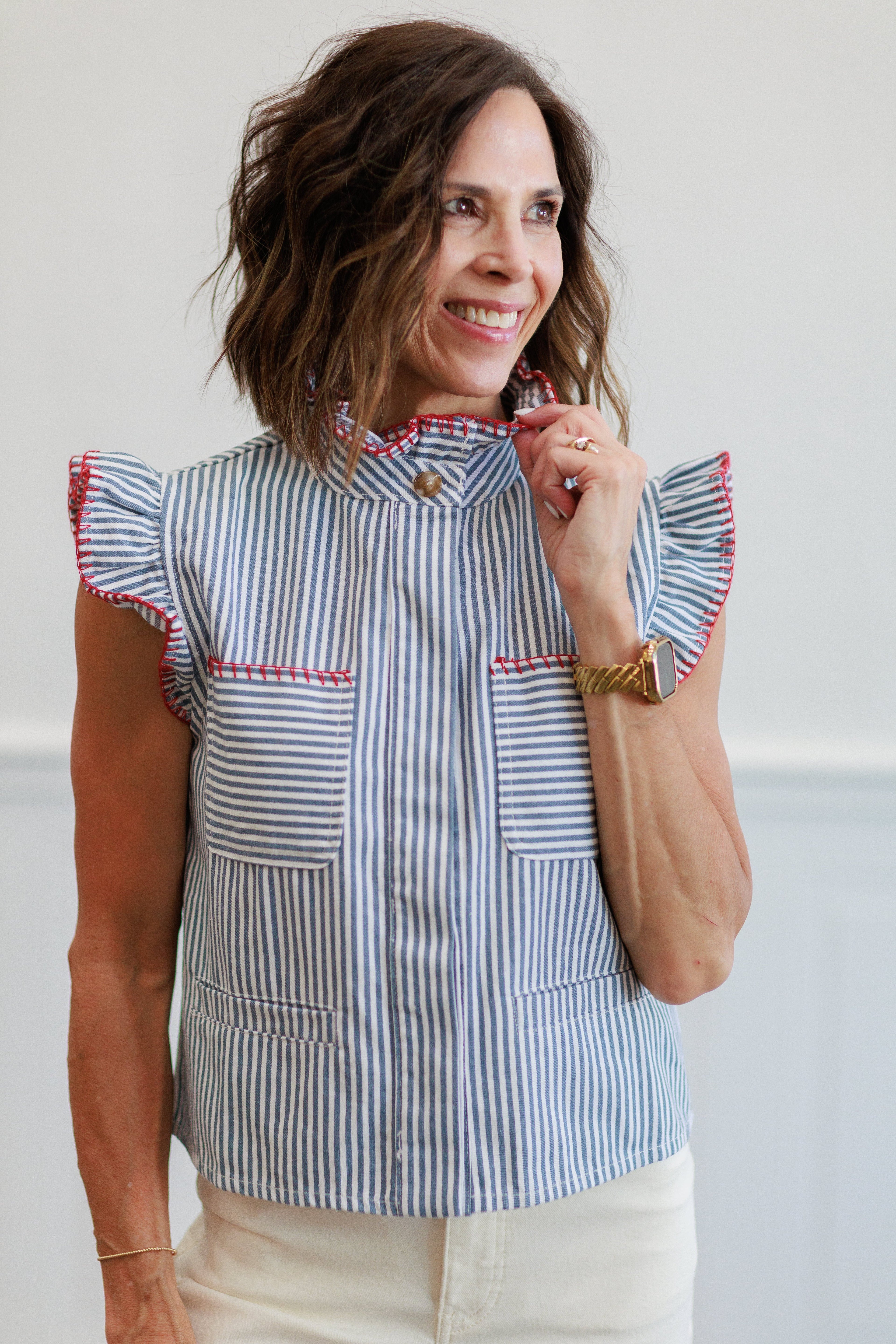 Blue Stripe Ruffle Trim Button Front Blouse