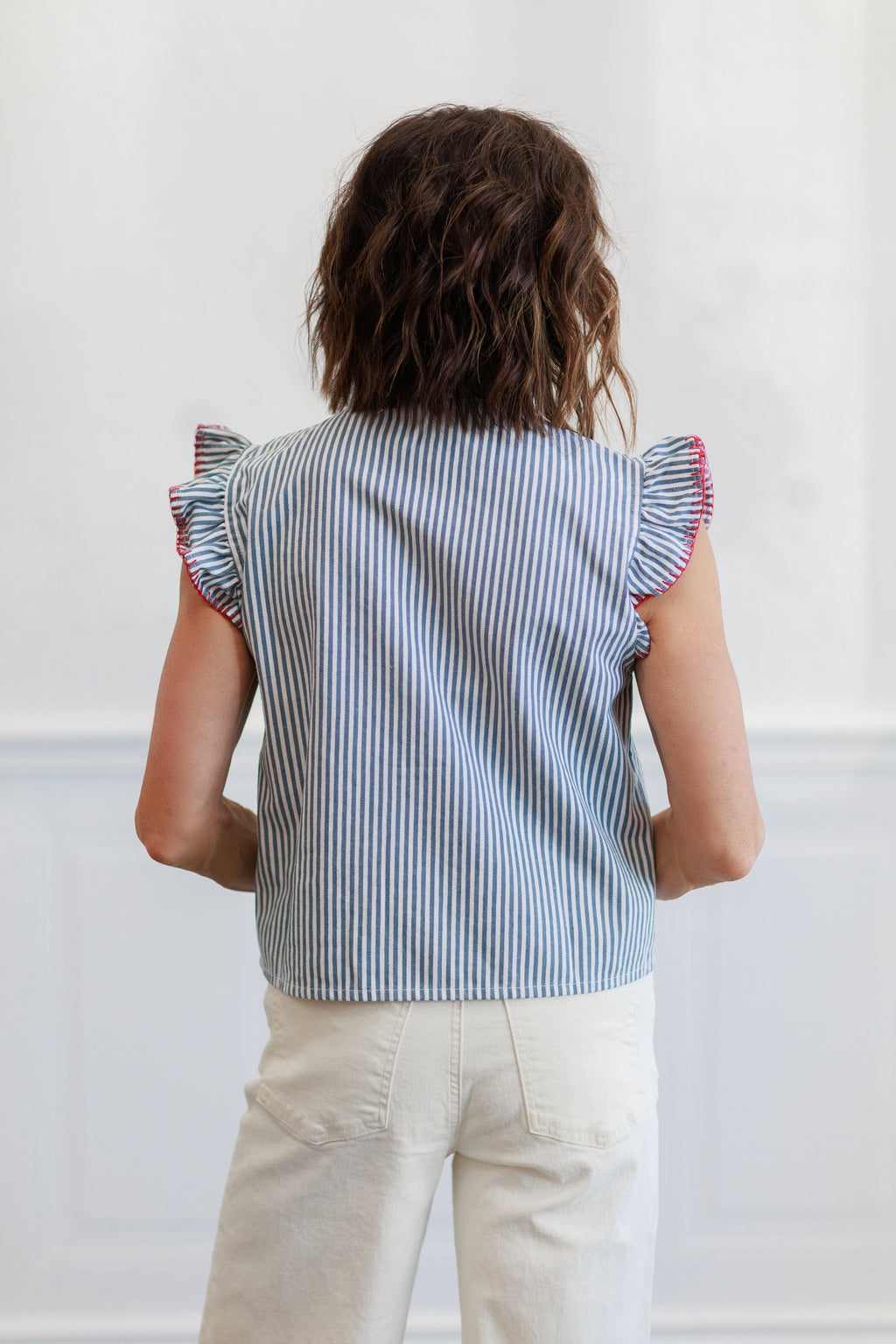Blue Stripe Ruffle Trim Button Front Blouse
