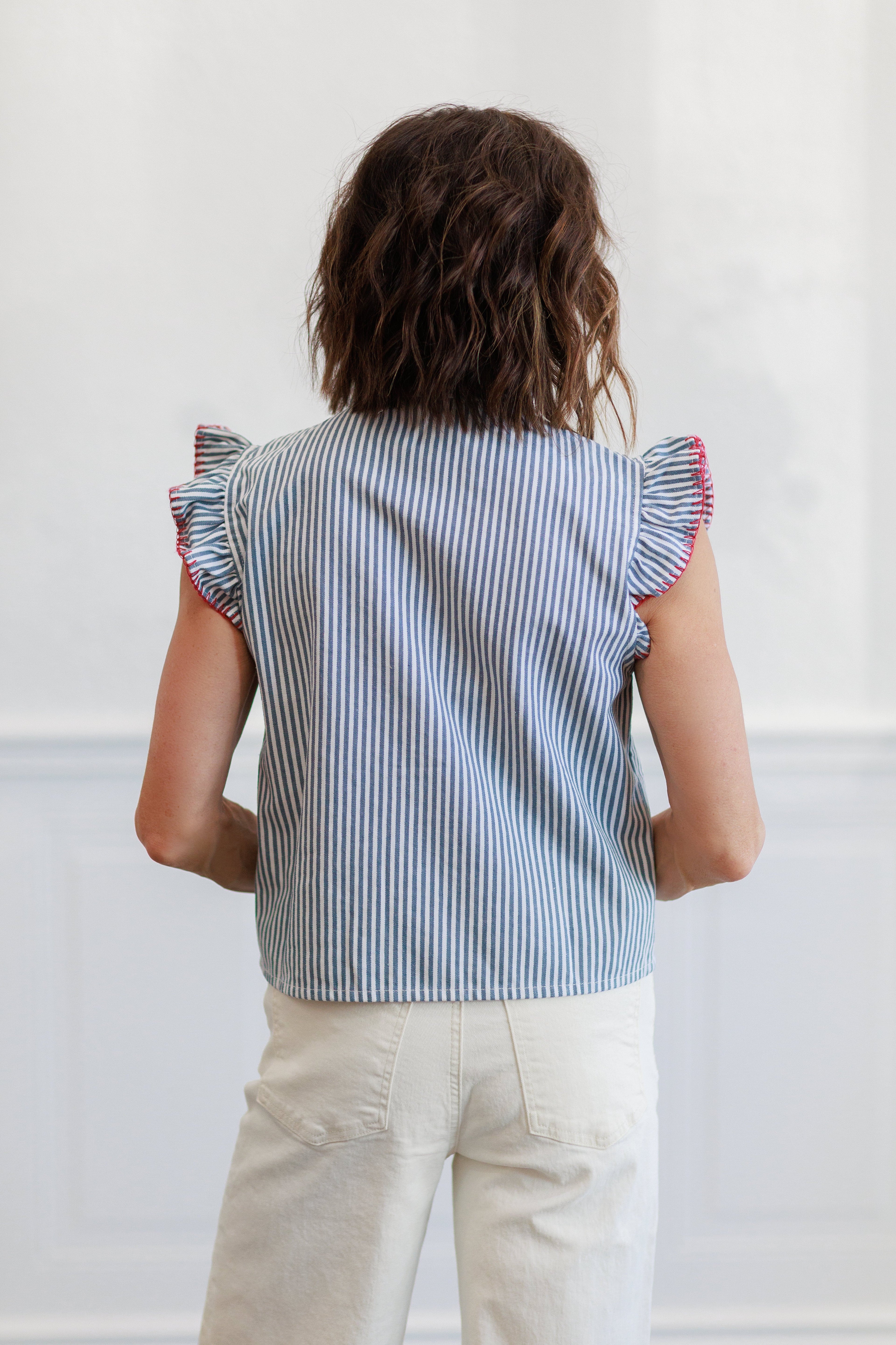 Blue Stripe Ruffle Trim Button Front Blouse