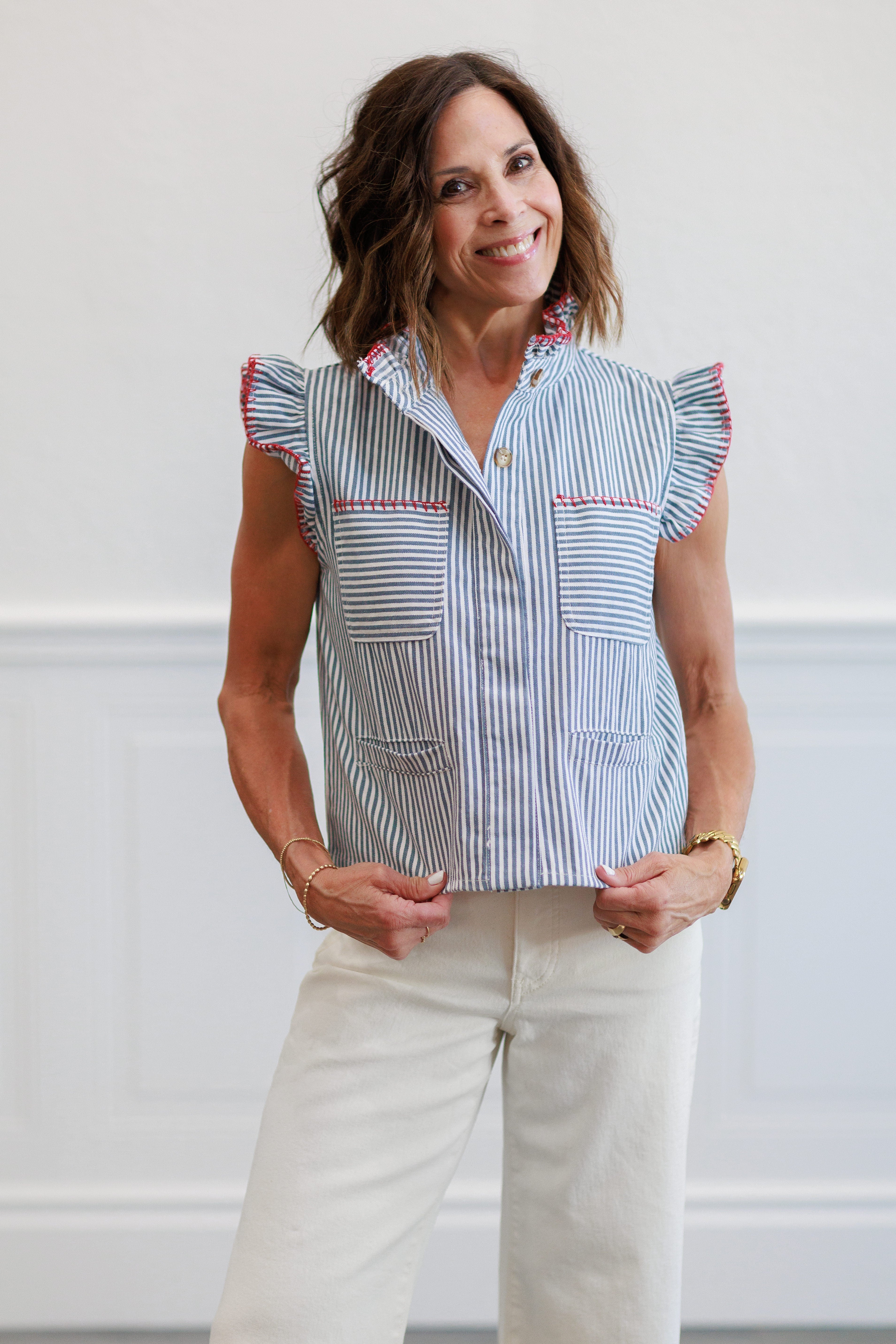 Blue Stripe Ruffle Trim Button Front Blouse