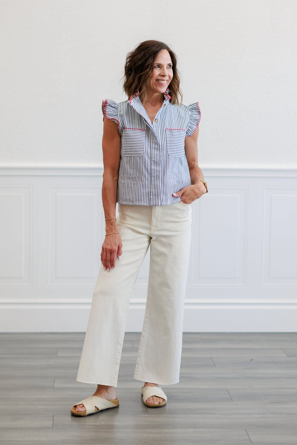 Blue Stripe Ruffle Trim Button Front Blouse