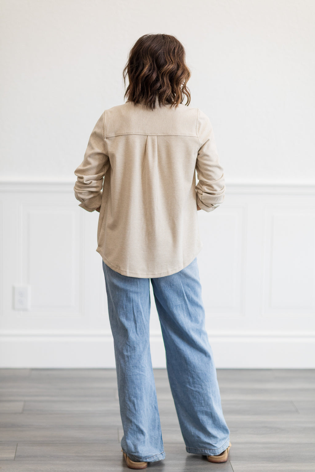 Oatmeal Stripe Long Sleeve Button Front Shirt