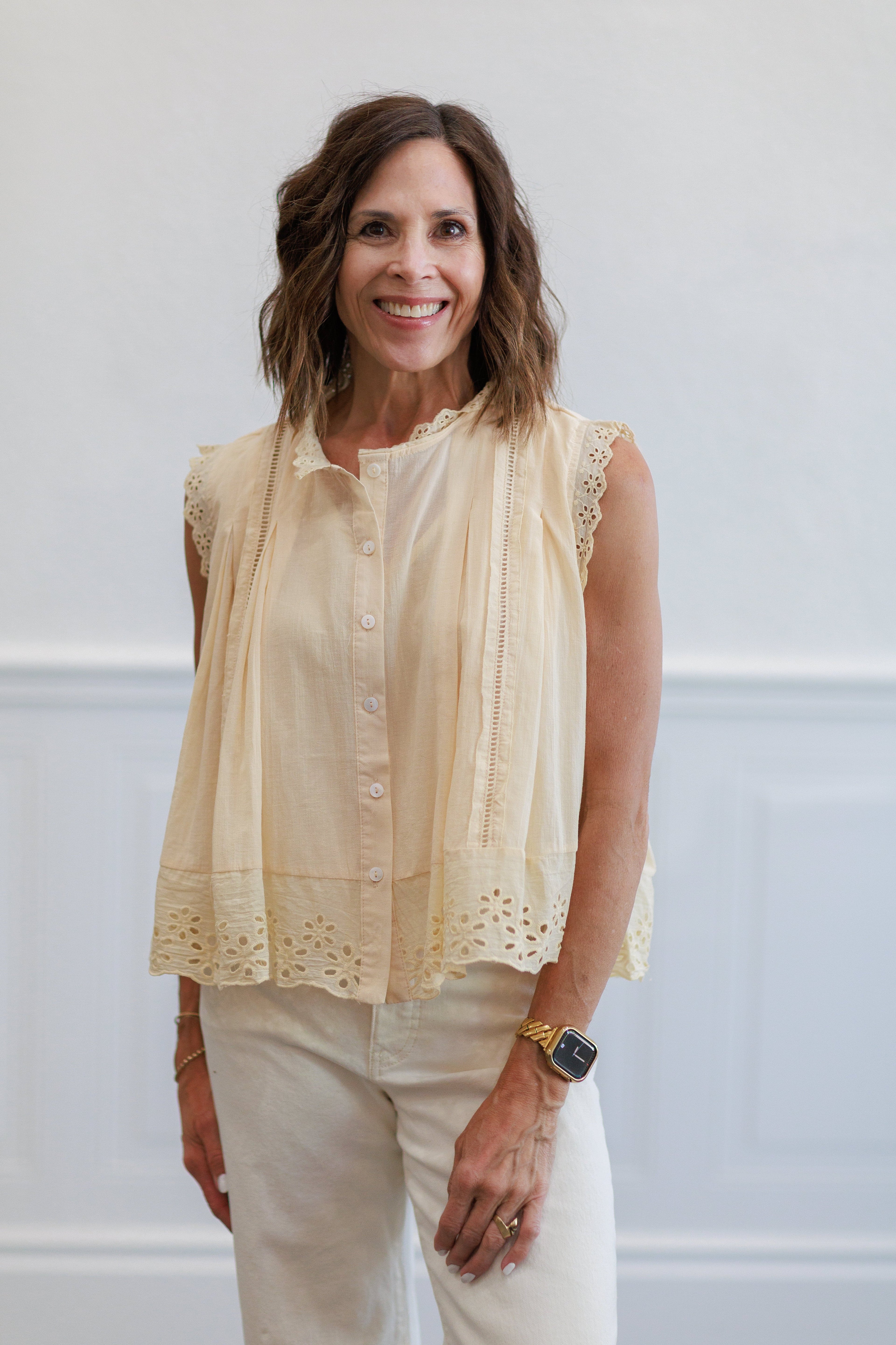 Eyelet Trim Button Front Sleeveless Blouse