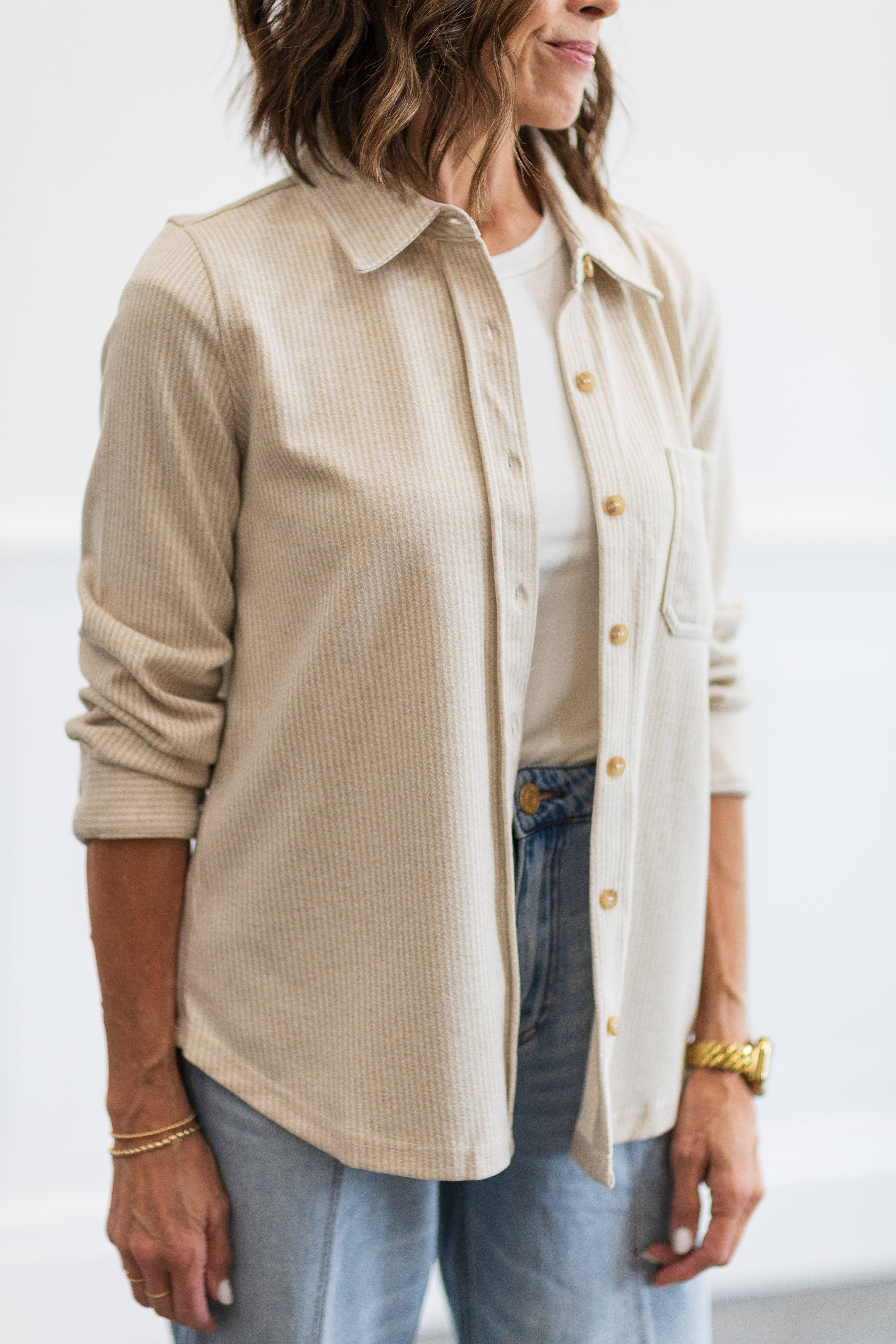 Oatmeal Stripe Long Sleeve Button Front Shirt
