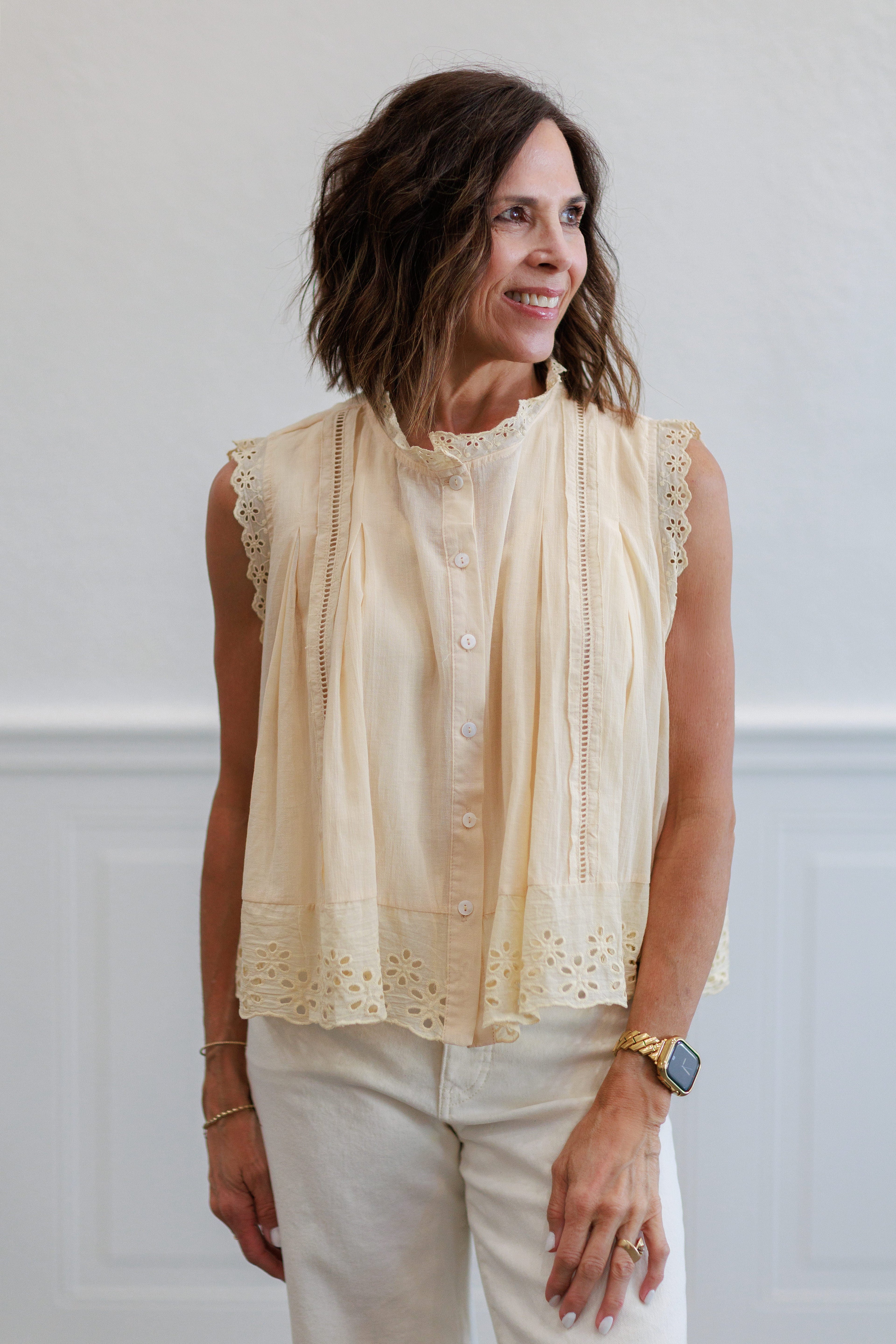 Eyelet Trim Button Front Sleeveless Blouse