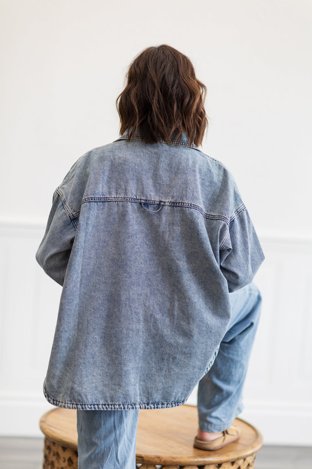Washed Denim Relaxed Fit Shirt Top with Pocket