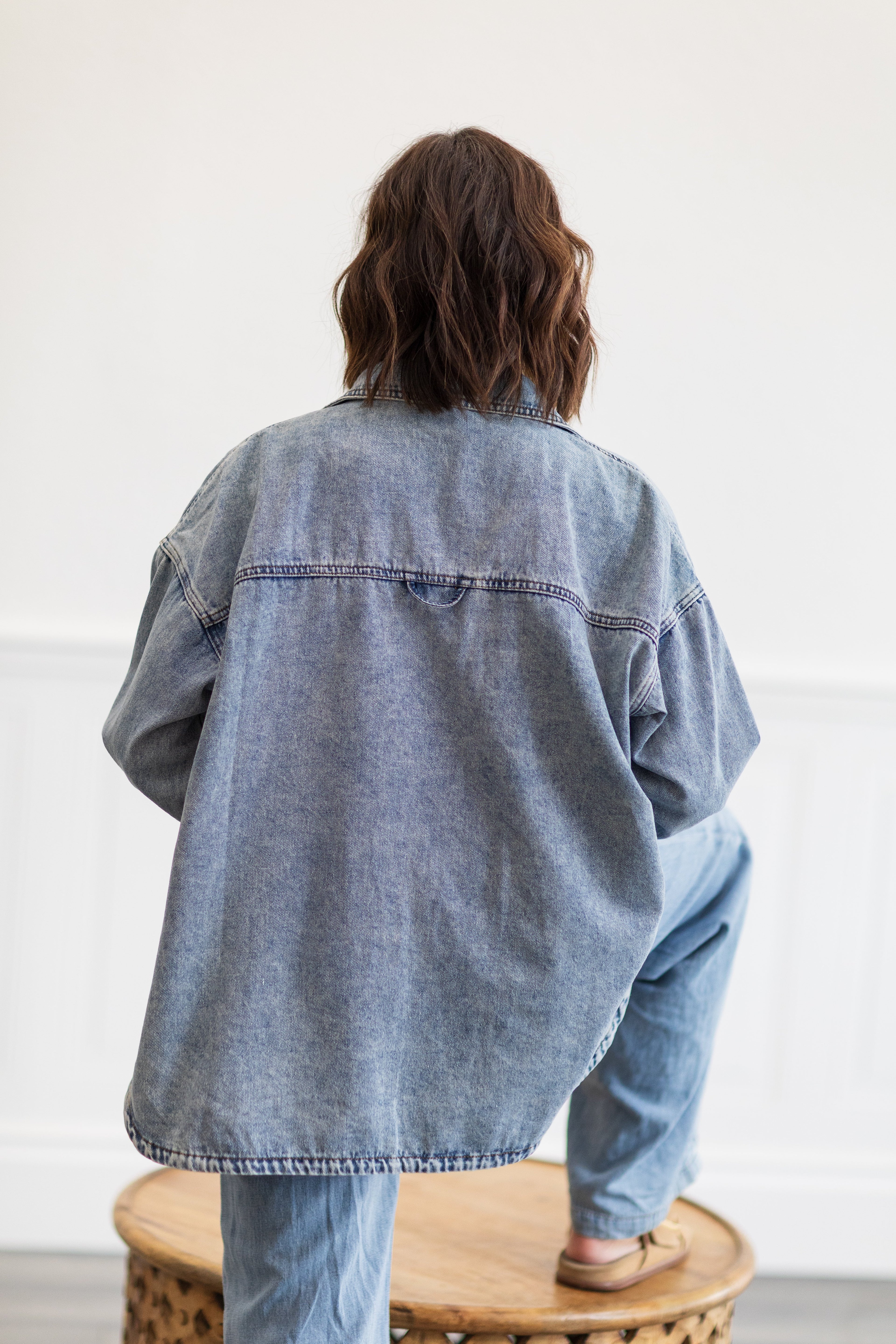 Washed Denim Relaxed Fit Shirt Top with Pocket