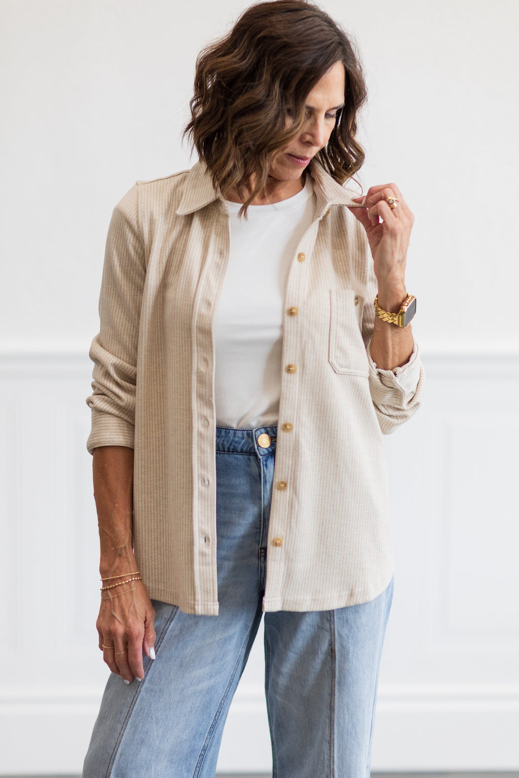Oatmeal Stripe Long Sleeve Button Front Shirt