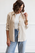Oatmeal Stripe Long Sleeve Button Front Shirt