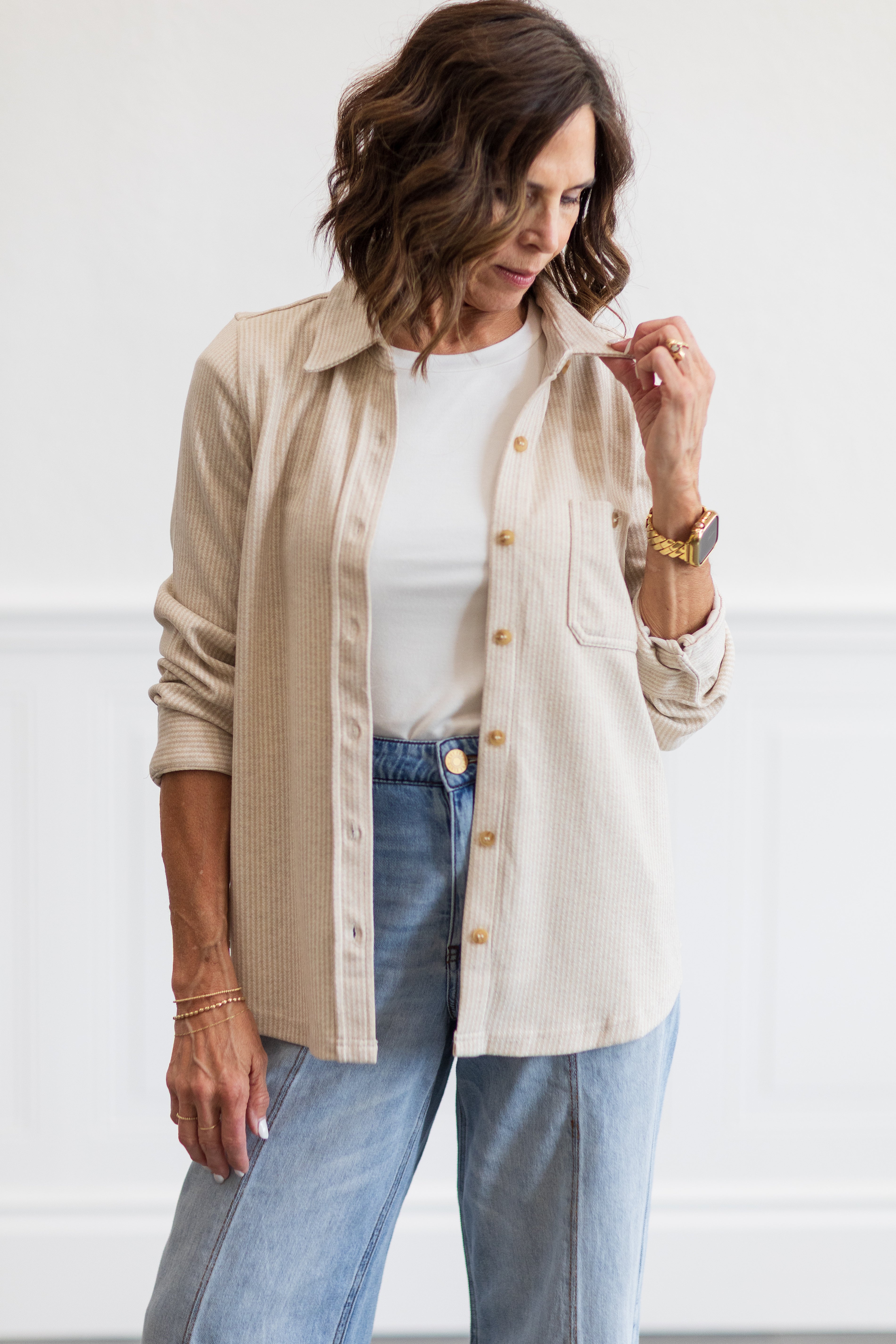 Oatmeal Stripe Long Sleeve Button Front Shirt