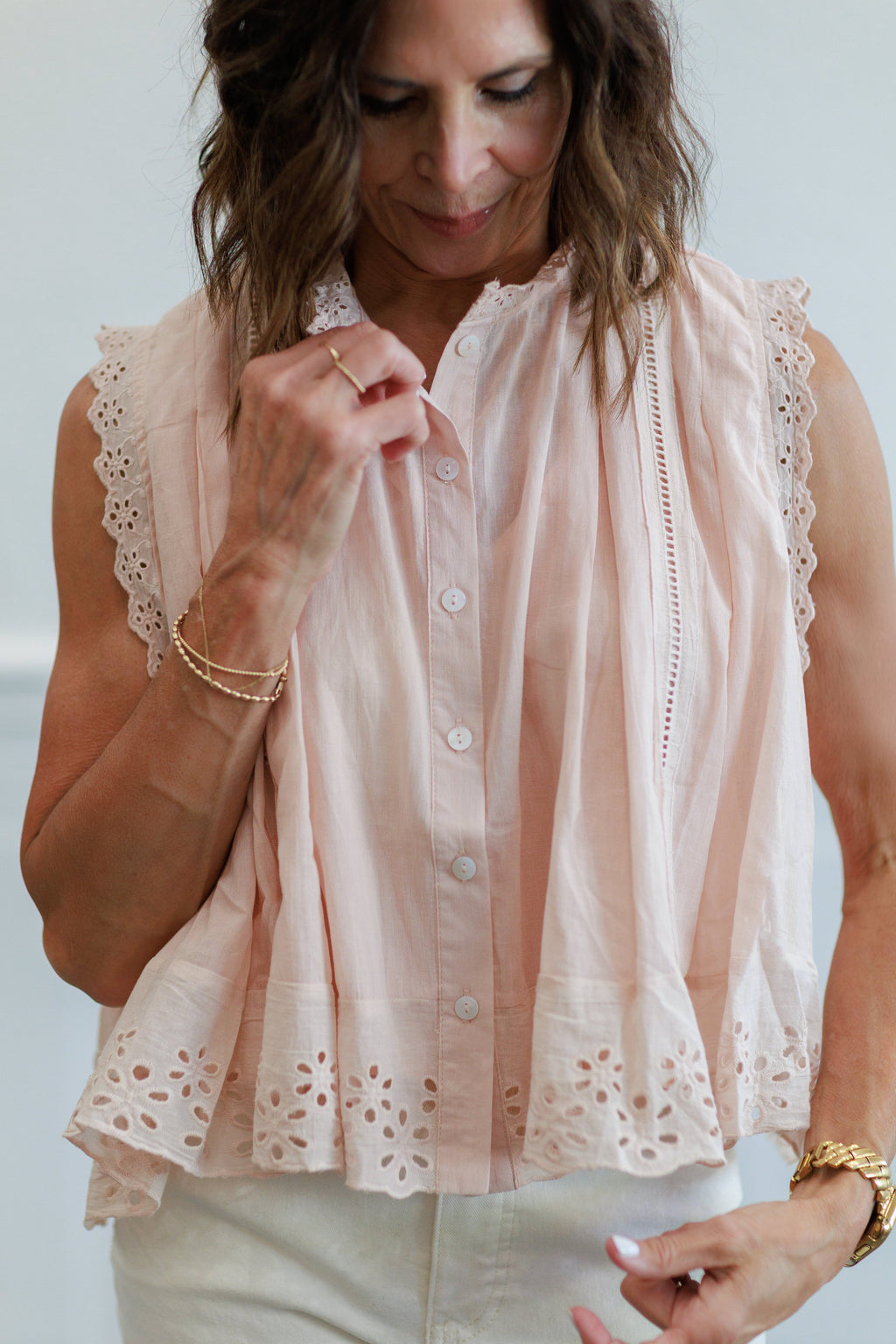 Eyelet Trim Button Front Sleeveless Blouse