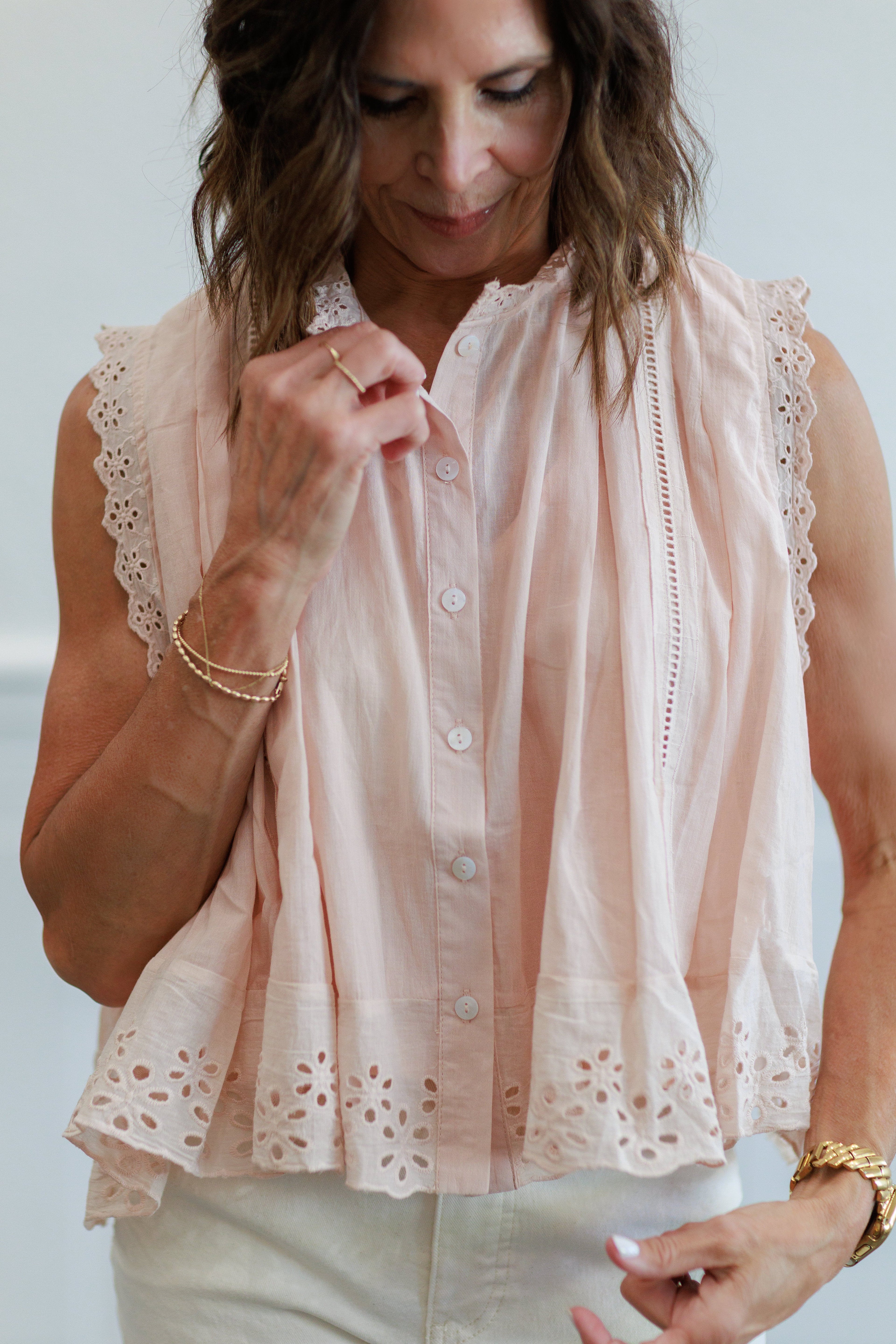 Eyelet Trim Button Front Sleeveless Blouse