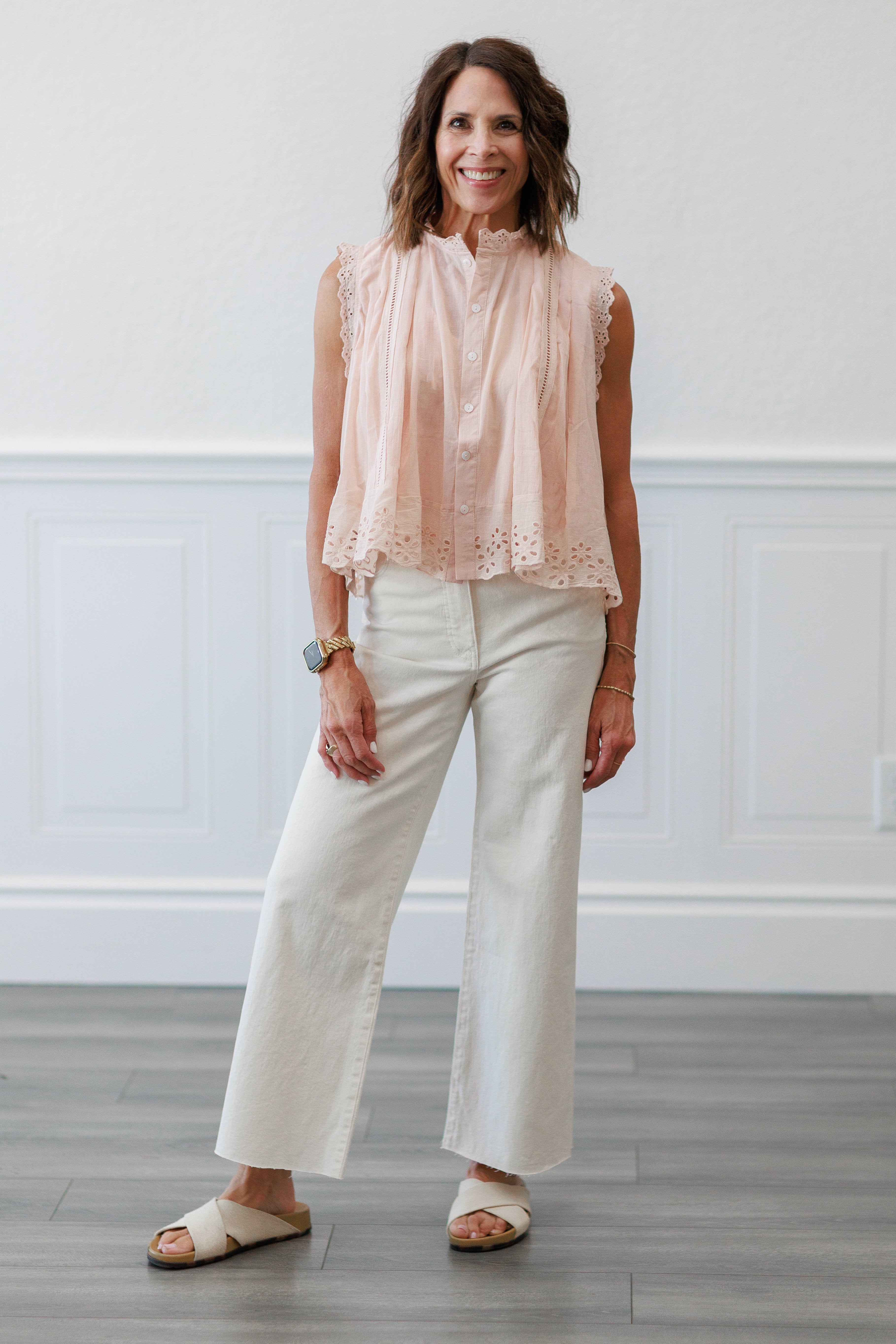 Eyelet Trim Button Front Sleeveless Blouse
