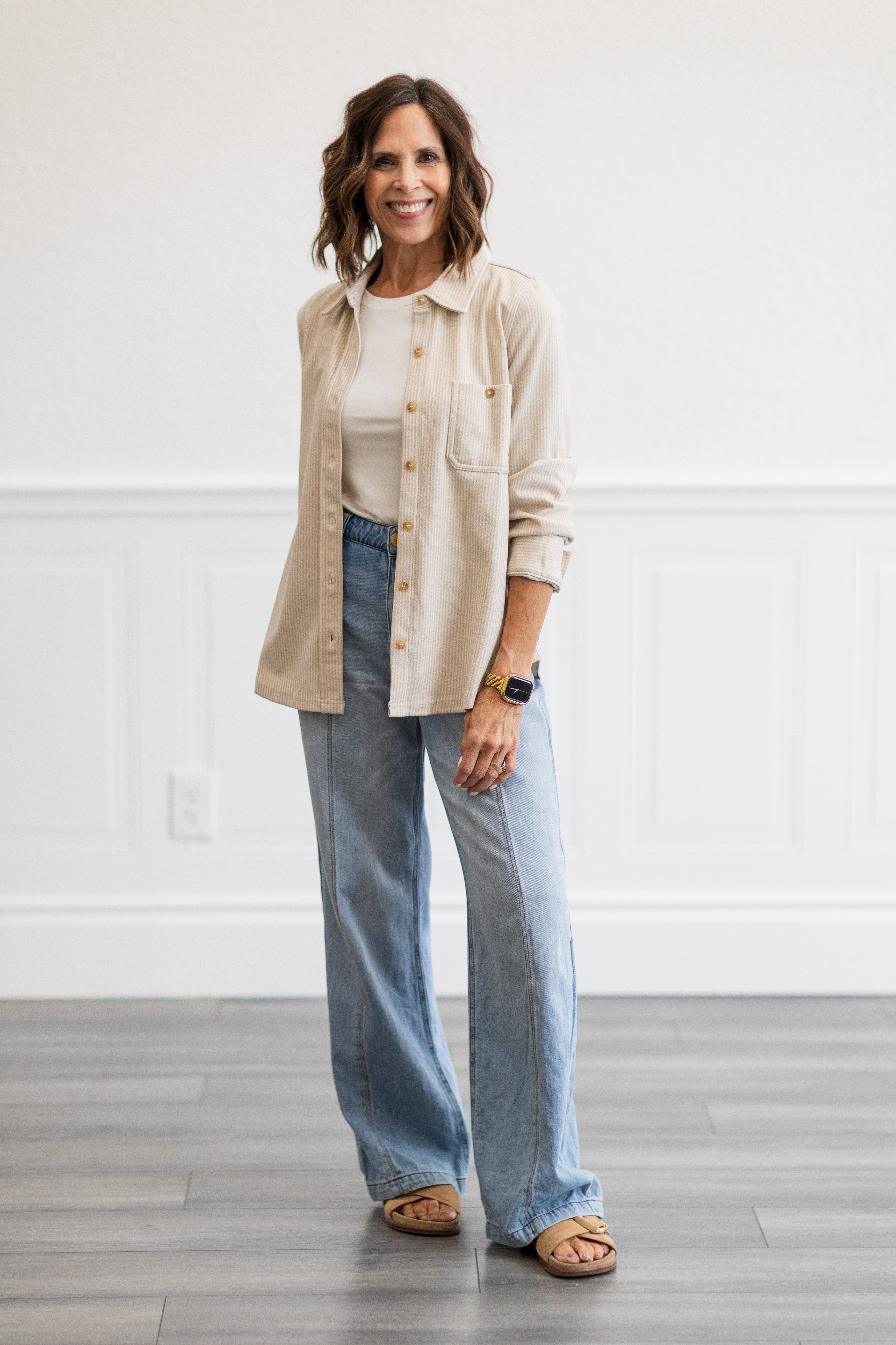 Oatmeal Stripe Long Sleeve Button Front Shirt