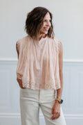 Eyelet Trim Button Front Sleeveless Blouse