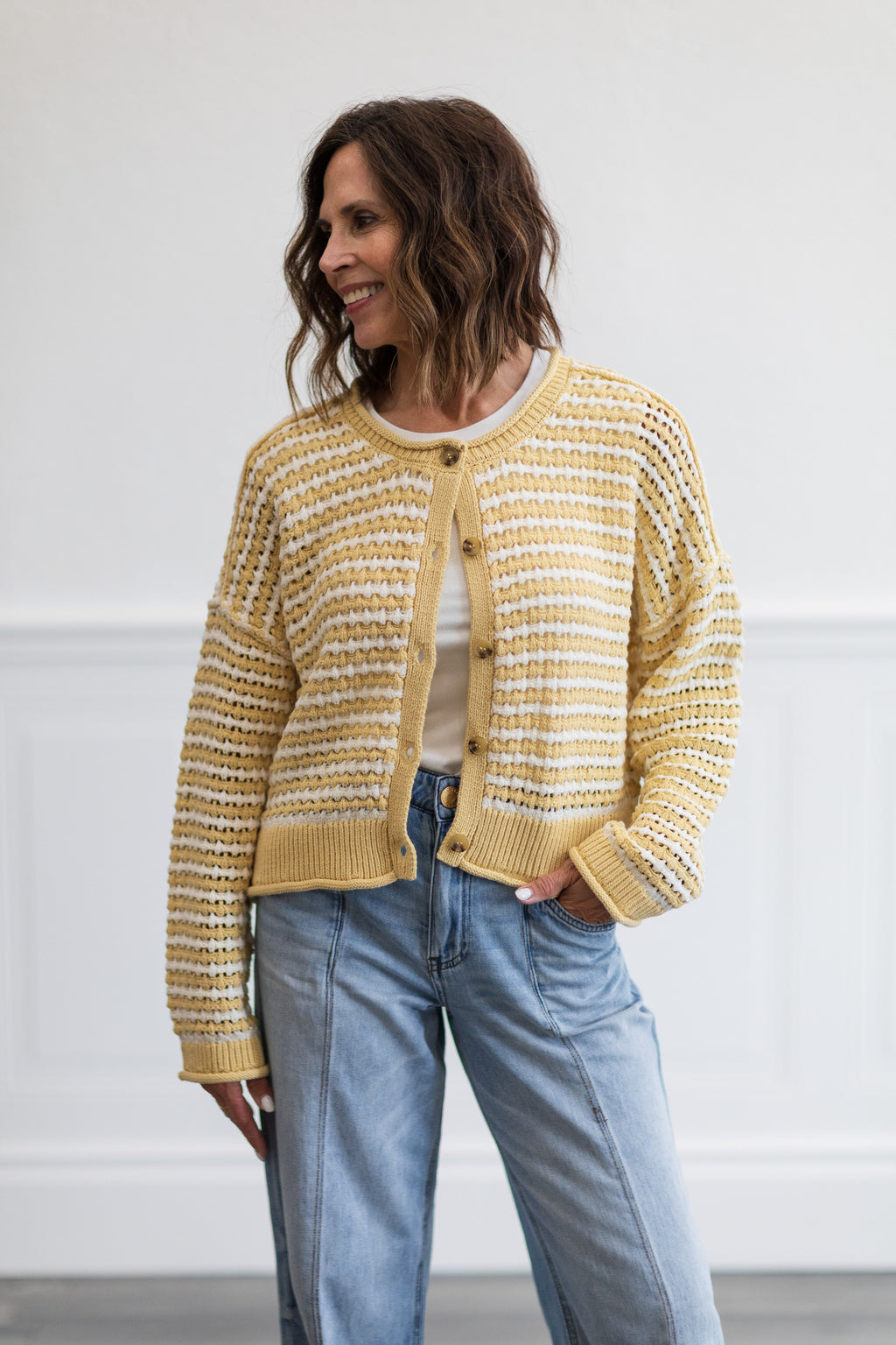 Textured Stripe Crochet Knit Button Down Cardigan