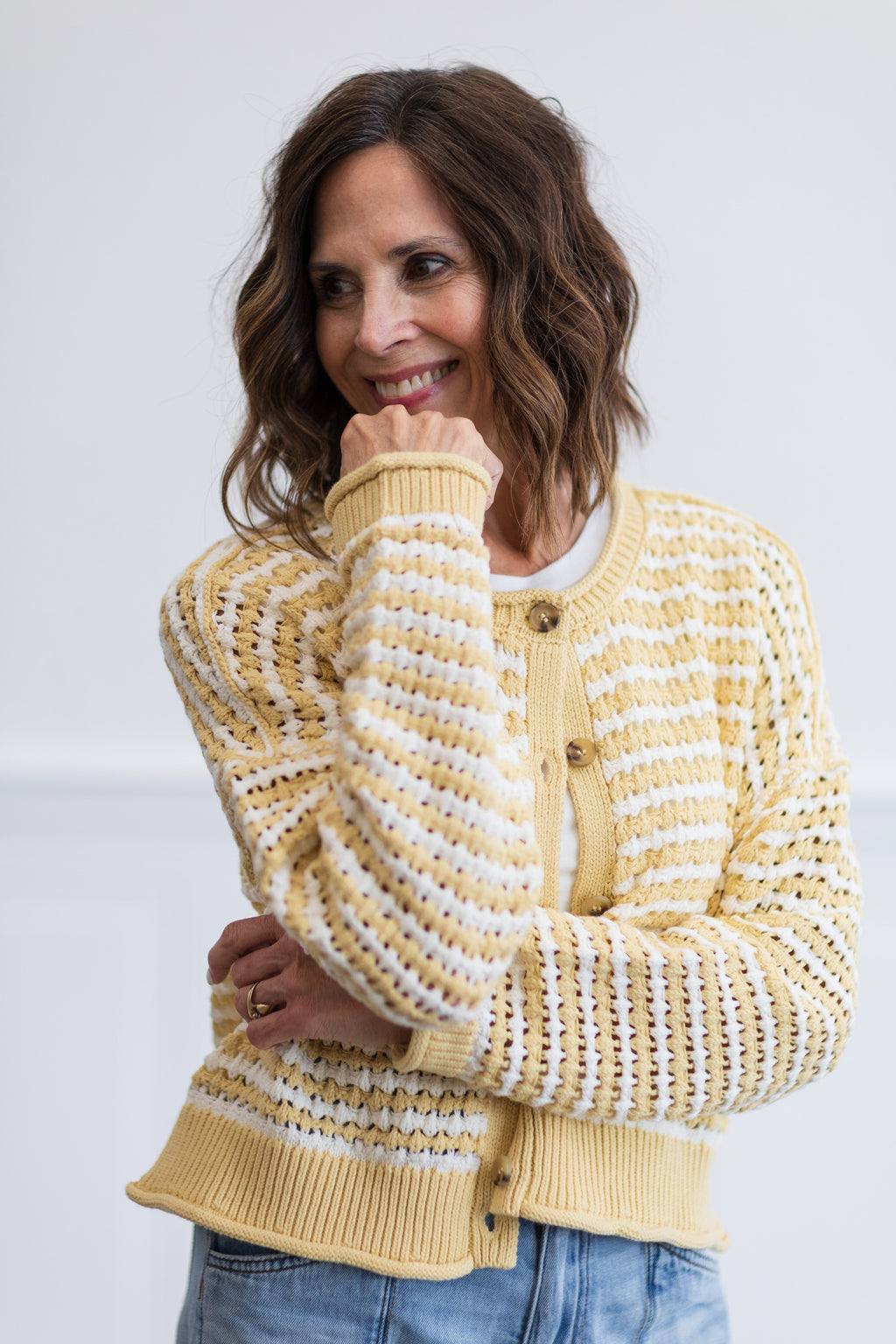 Textured Stripe Crochet Knit Button Down Cardigan