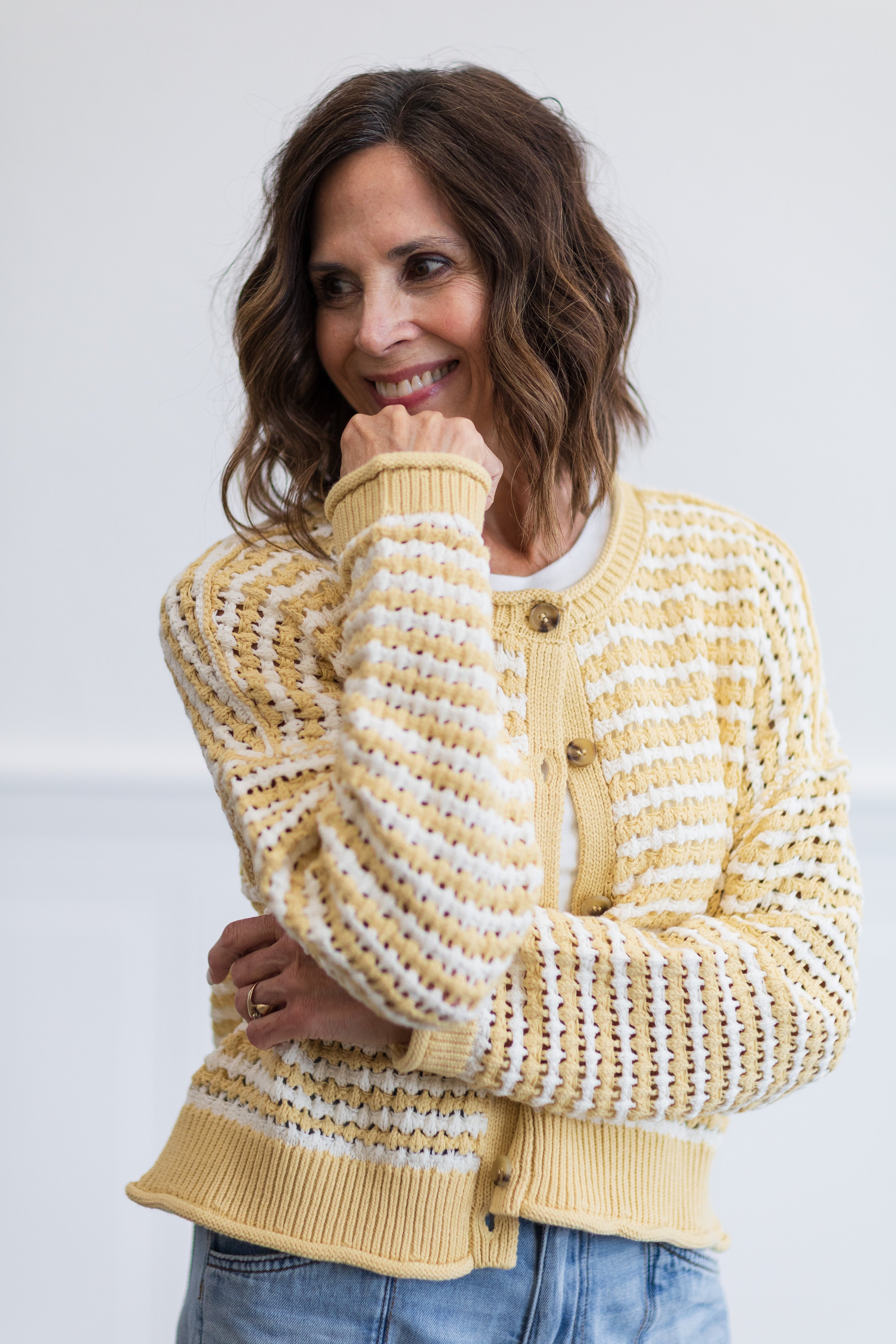 Textured Stripe Crochet Knit Button Down Cardigan