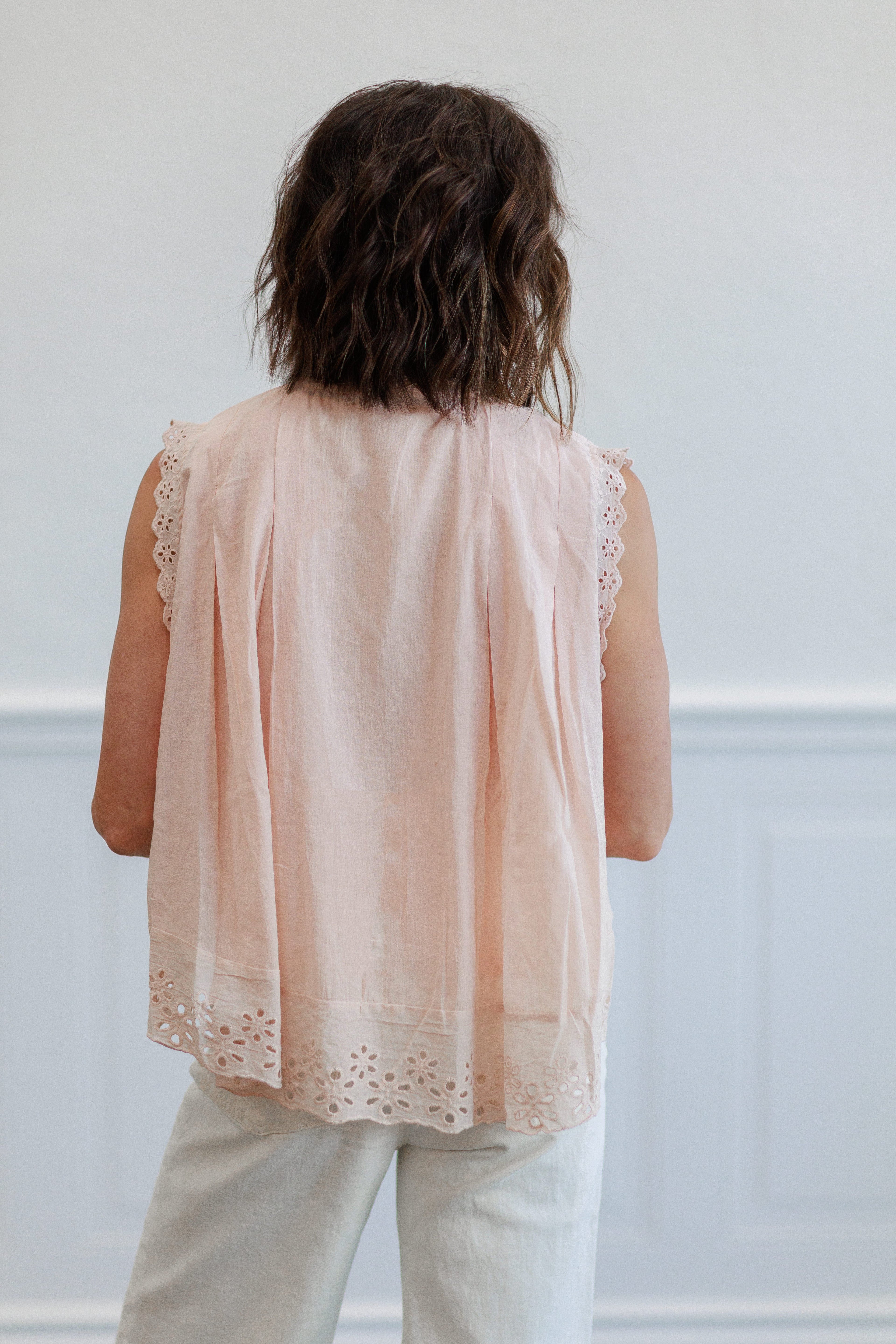 Eyelet Trim Button Front Sleeveless Blouse