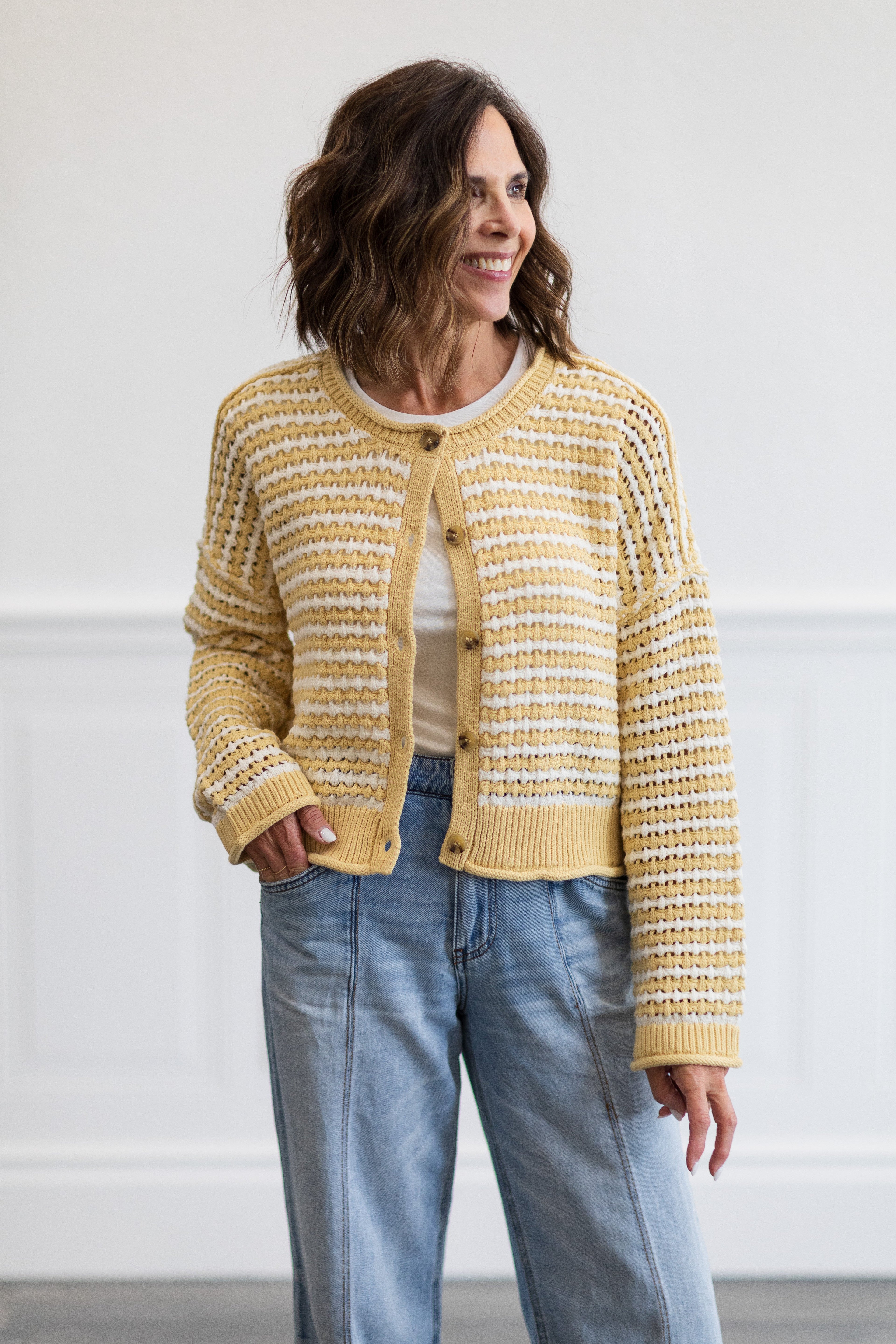 Textured Stripe Crochet Knit Button Down Cardigan