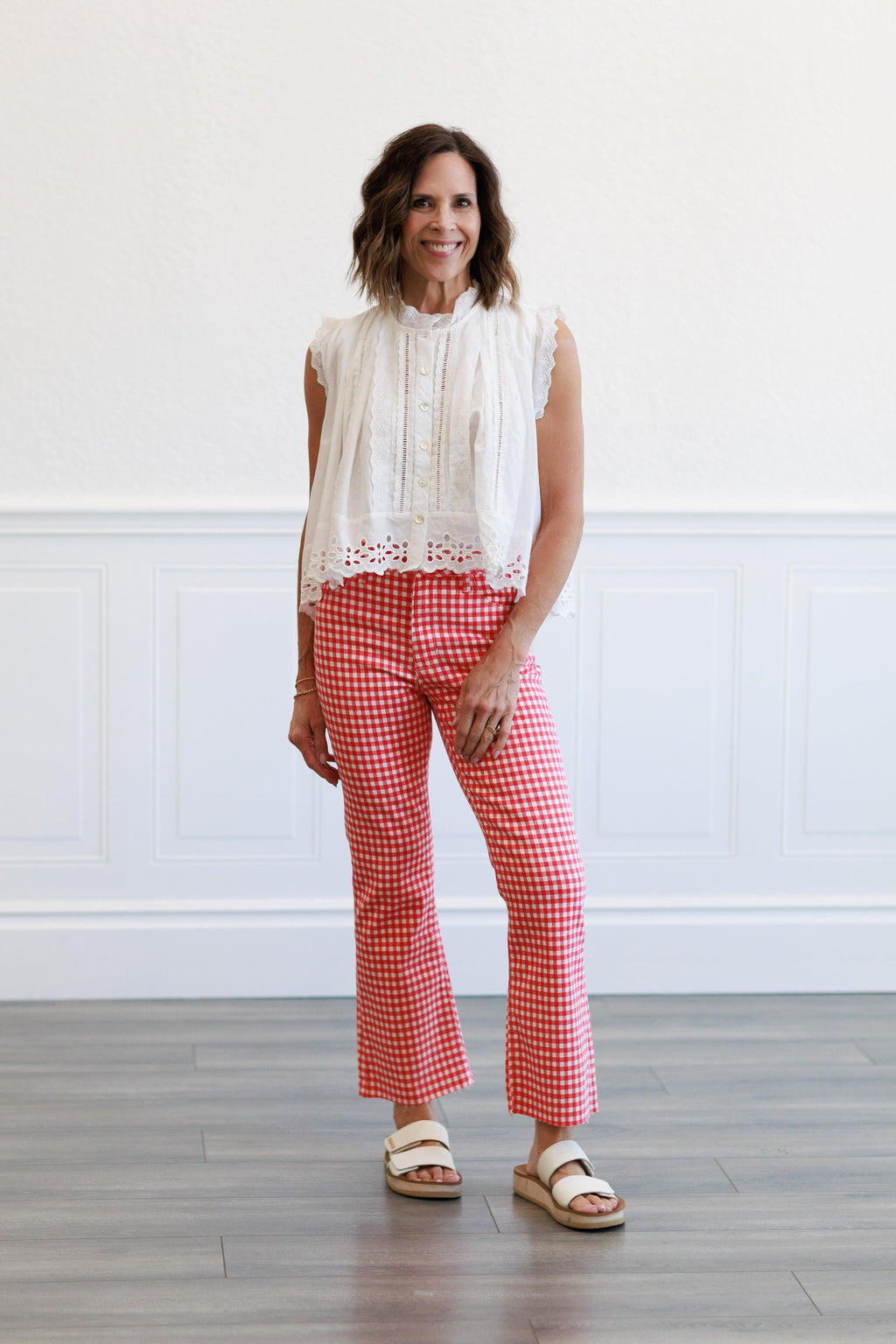High Rise Tonal Crop Flare Jeans in Red Gingham