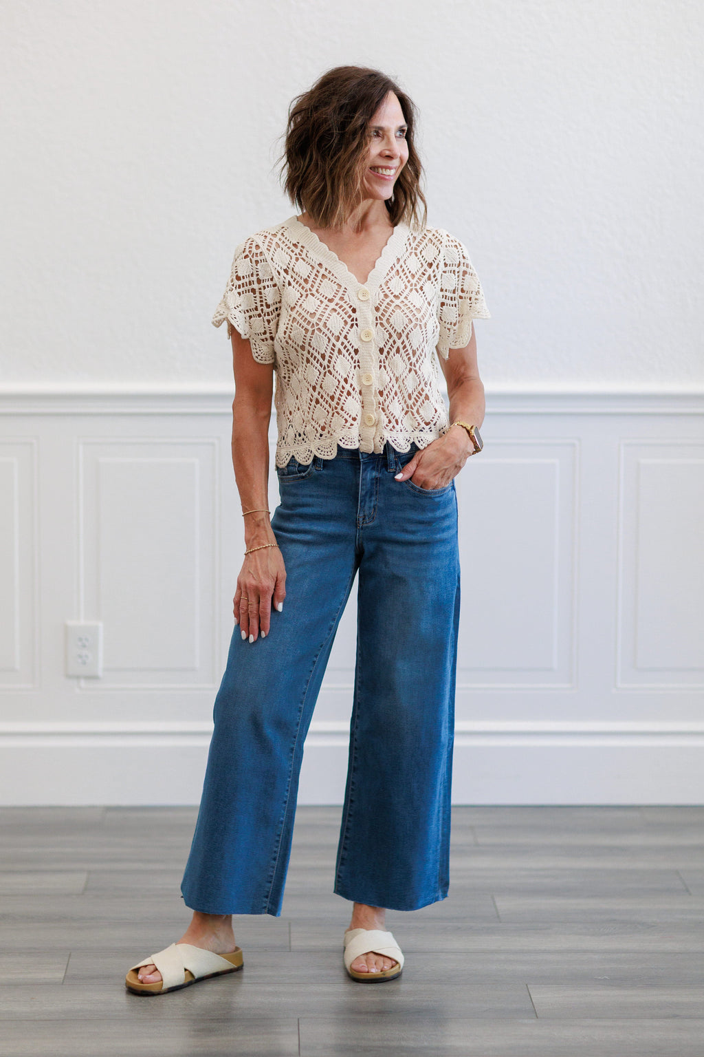 Diamond Crochet Button Front Crop Top