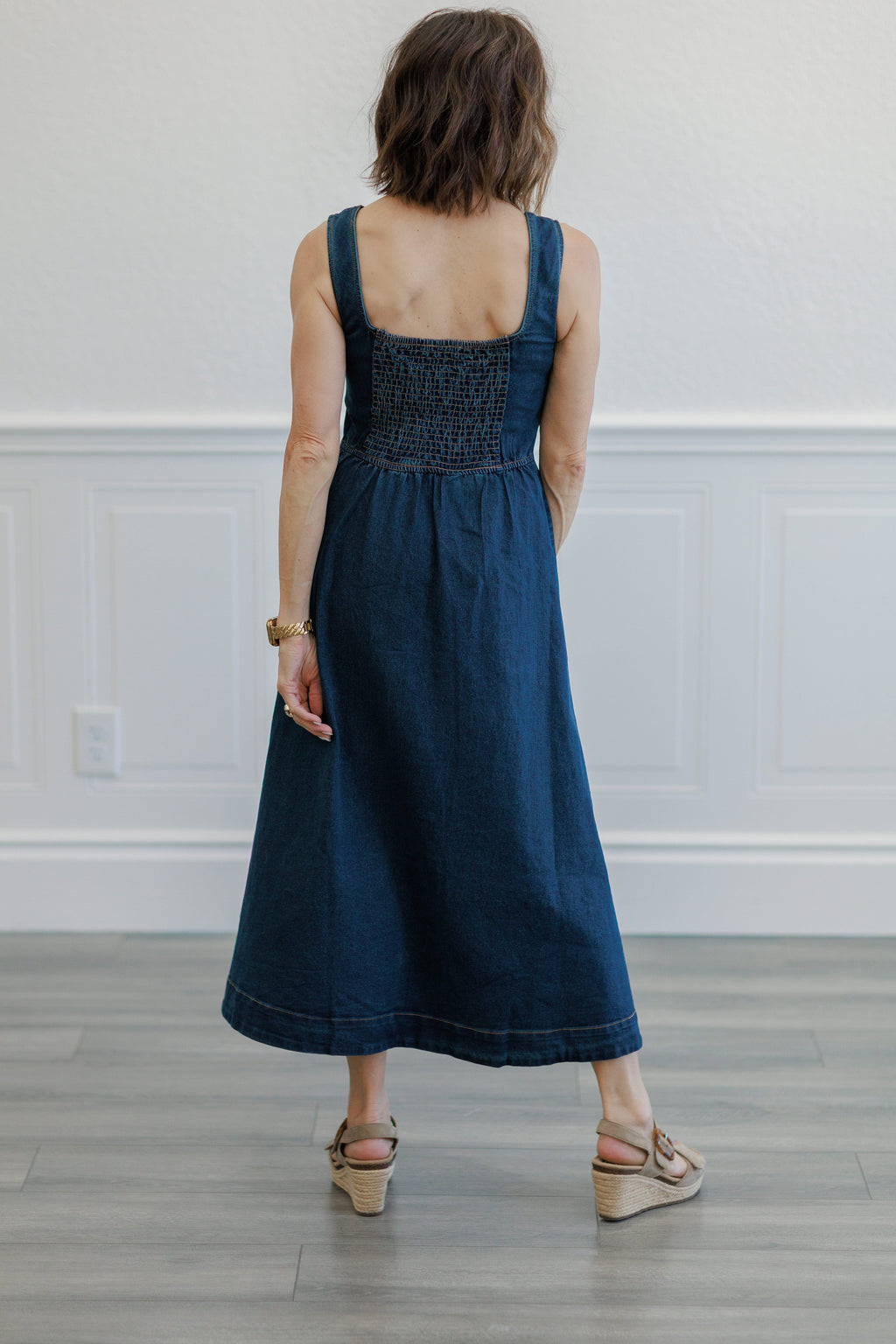 Dark Wash Denim Square Neck Button Front Midi Dress