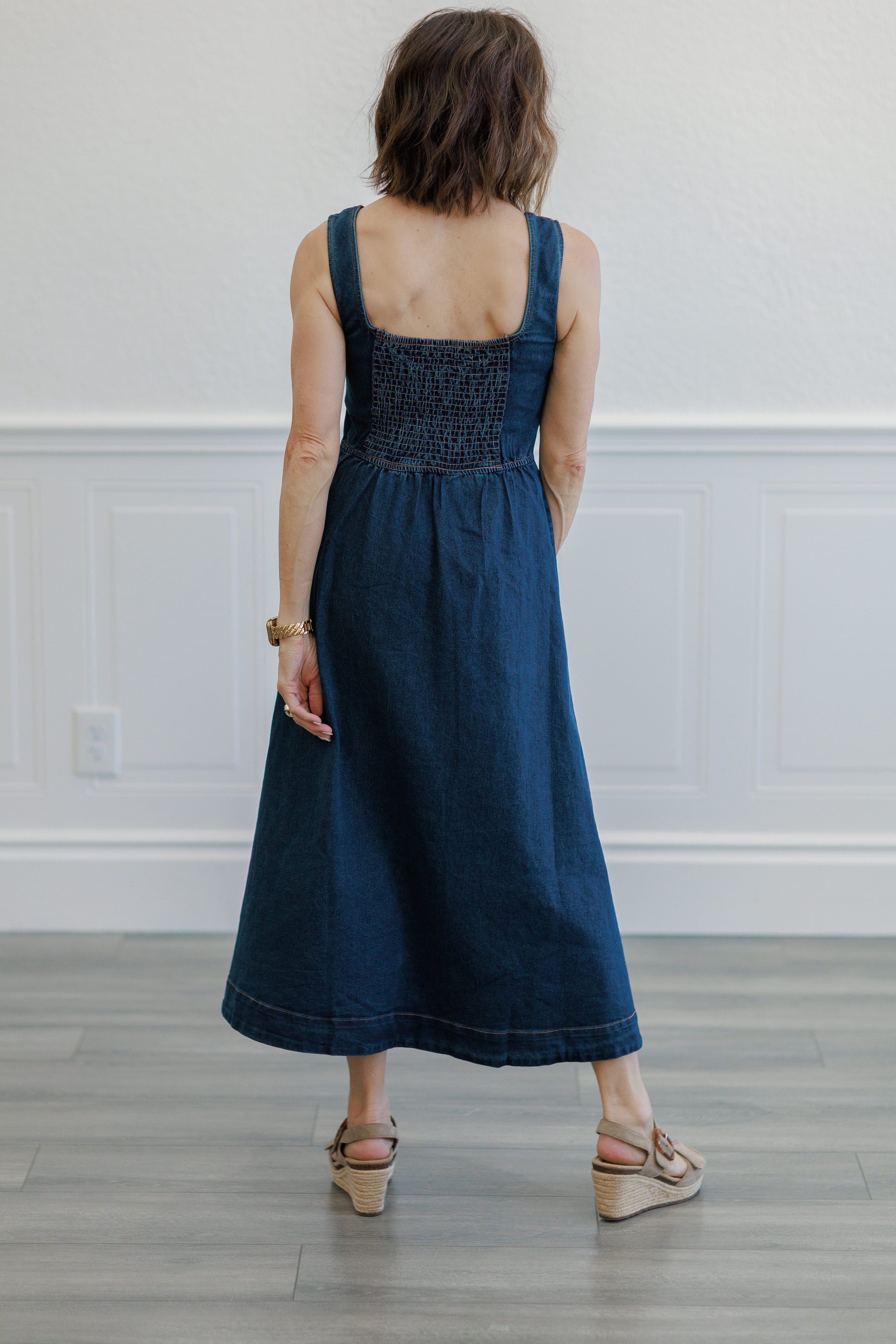 Dark Wash Denim Square Neck Button Front Midi Dress
