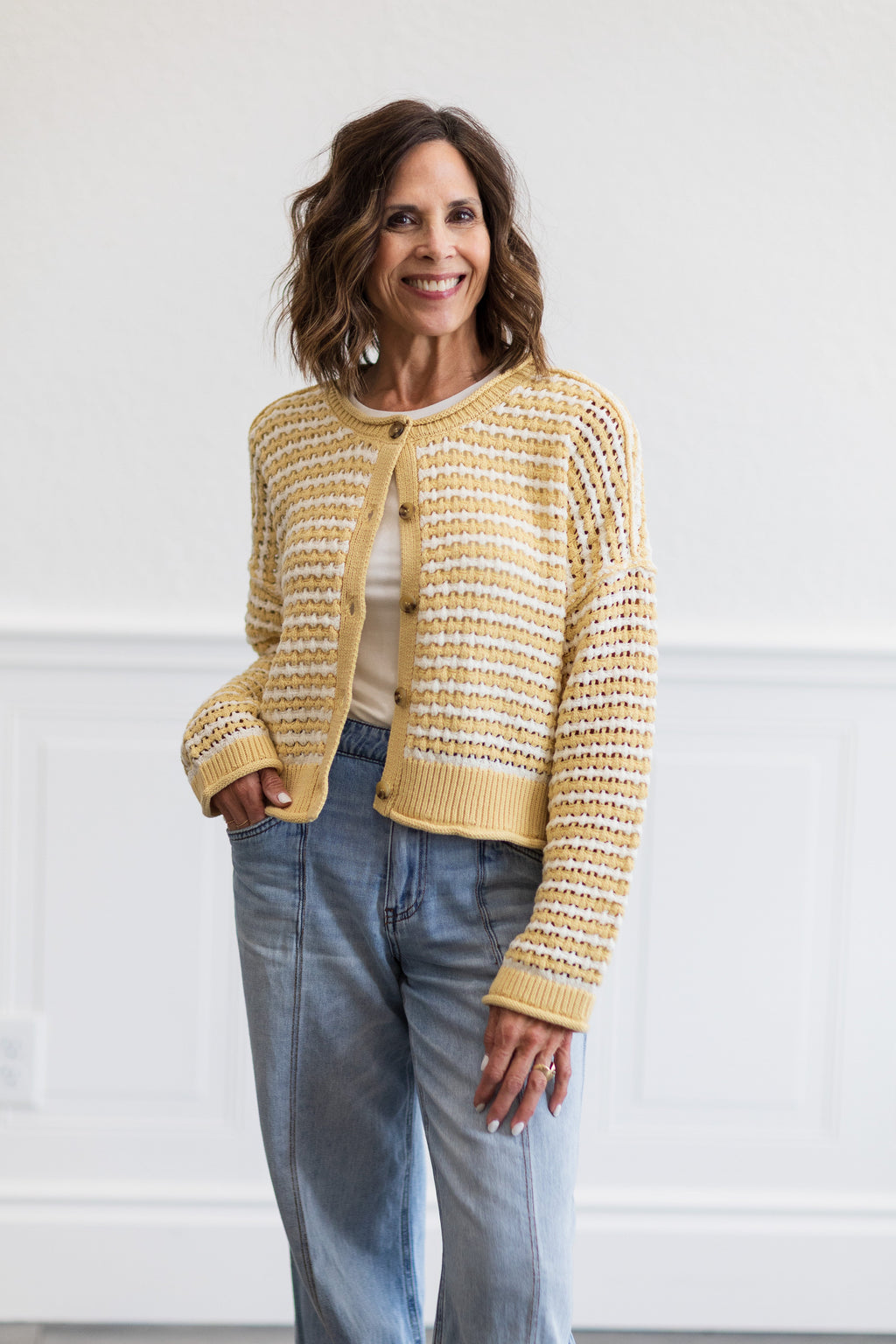 Textured Stripe Crochet Knit Button Down Cardigan