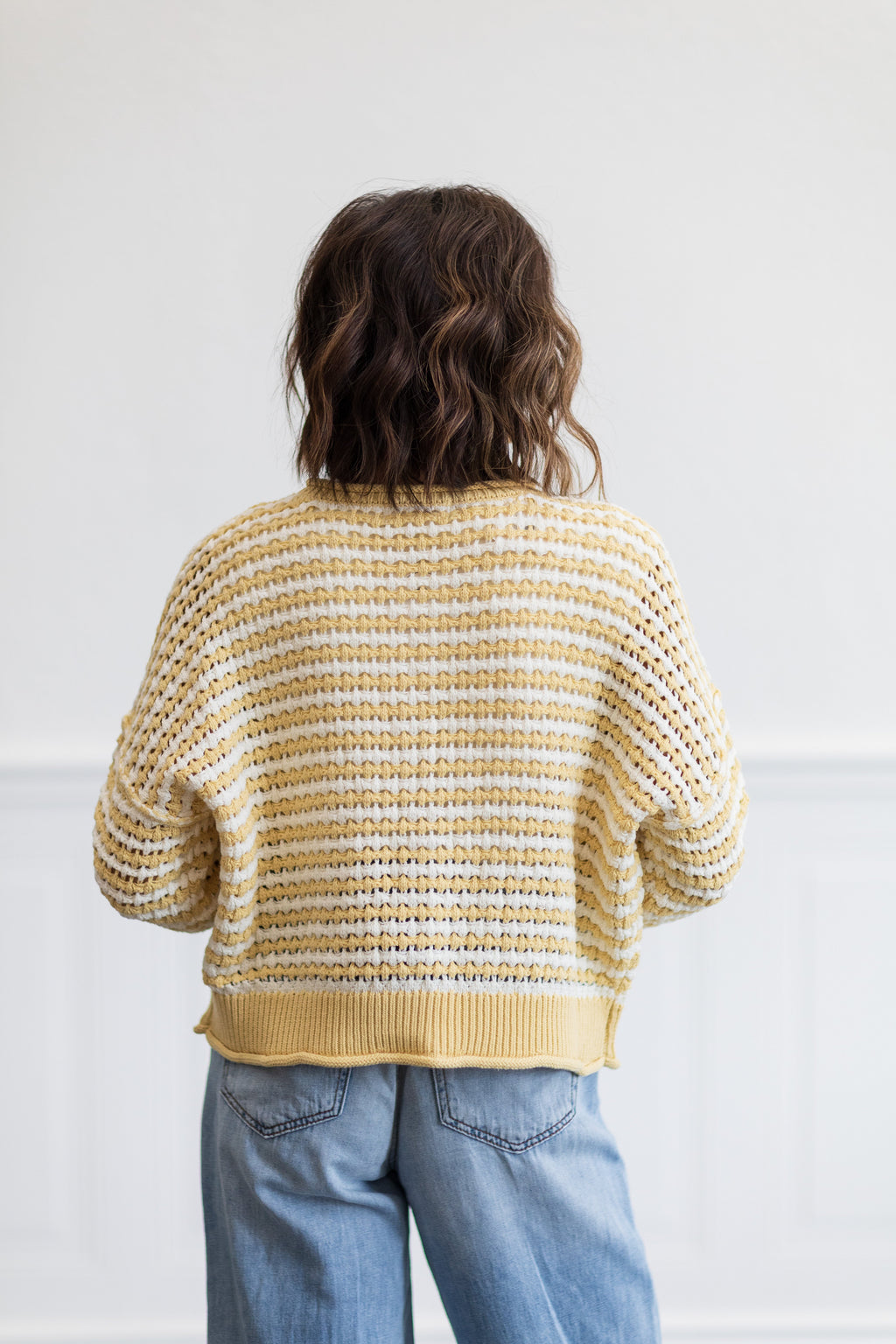 Textured Stripe Crochet Knit Button Down Cardigan