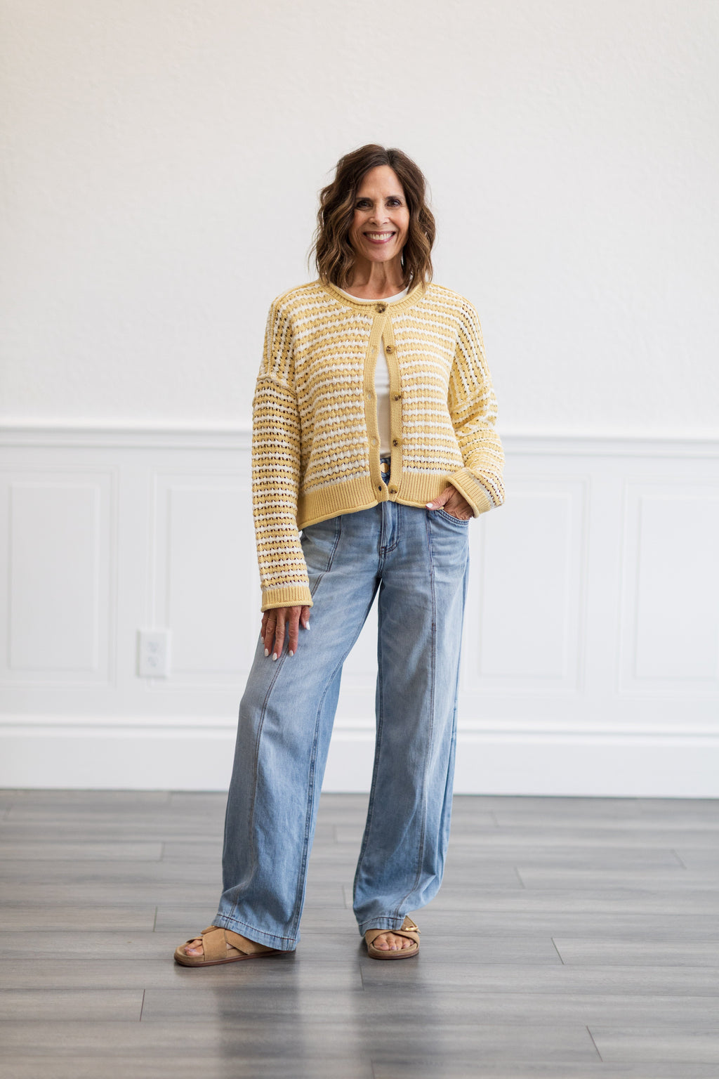 Textured Stripe Crochet Knit Button Down Cardigan