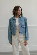 Light Wash Daisy Embroidered Cropped Denim Jacket