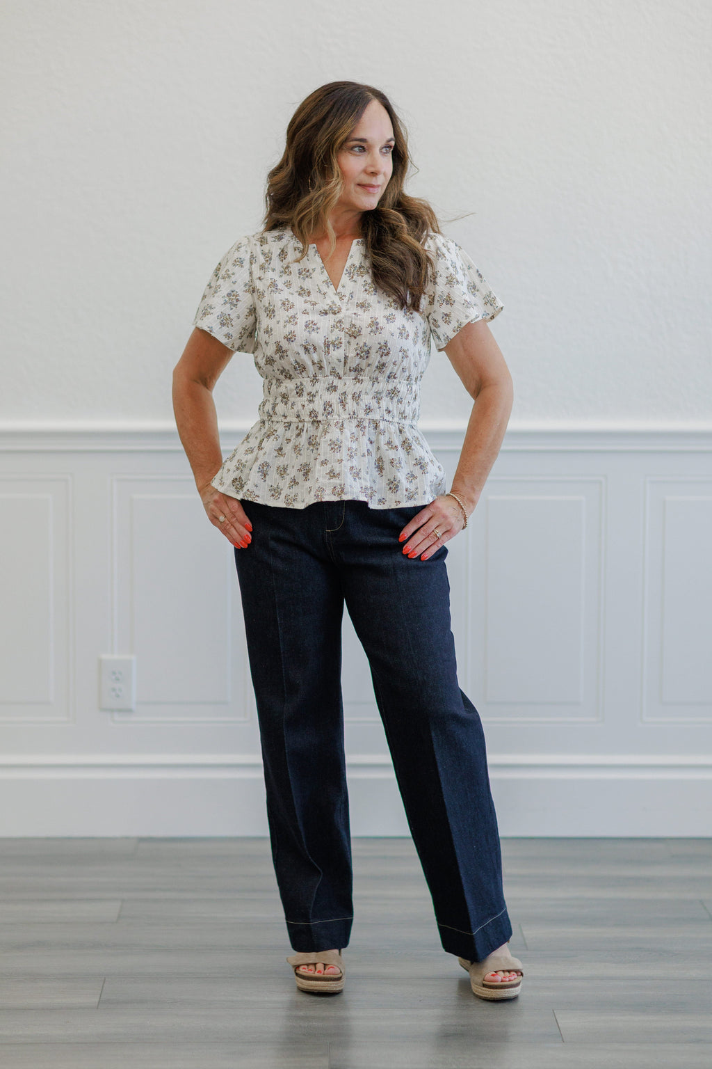 Dusty Blue Floral Flutter Sleeve Smocked Peplum Top