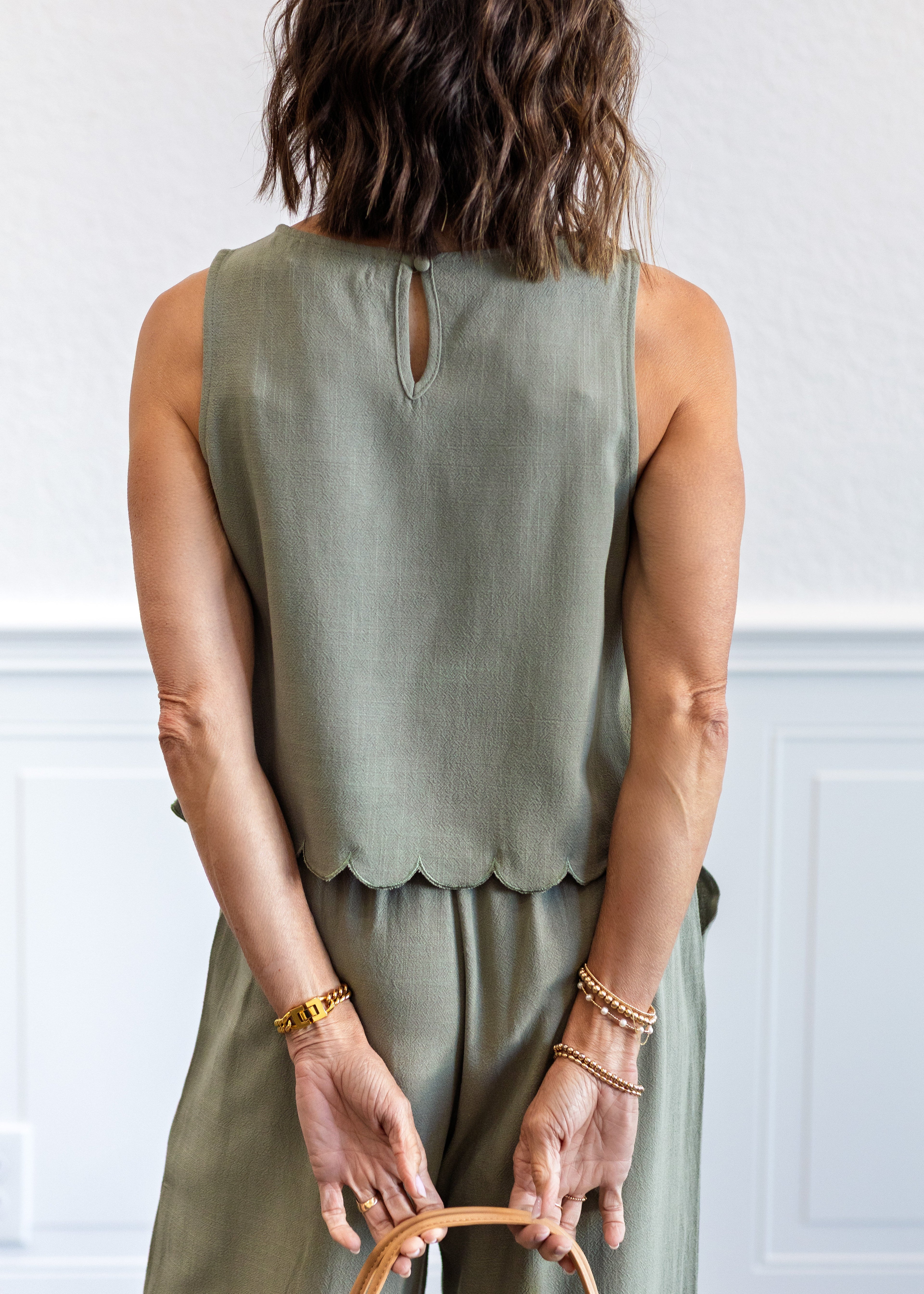 Linen Blend Scallop Tank Top in Sage
