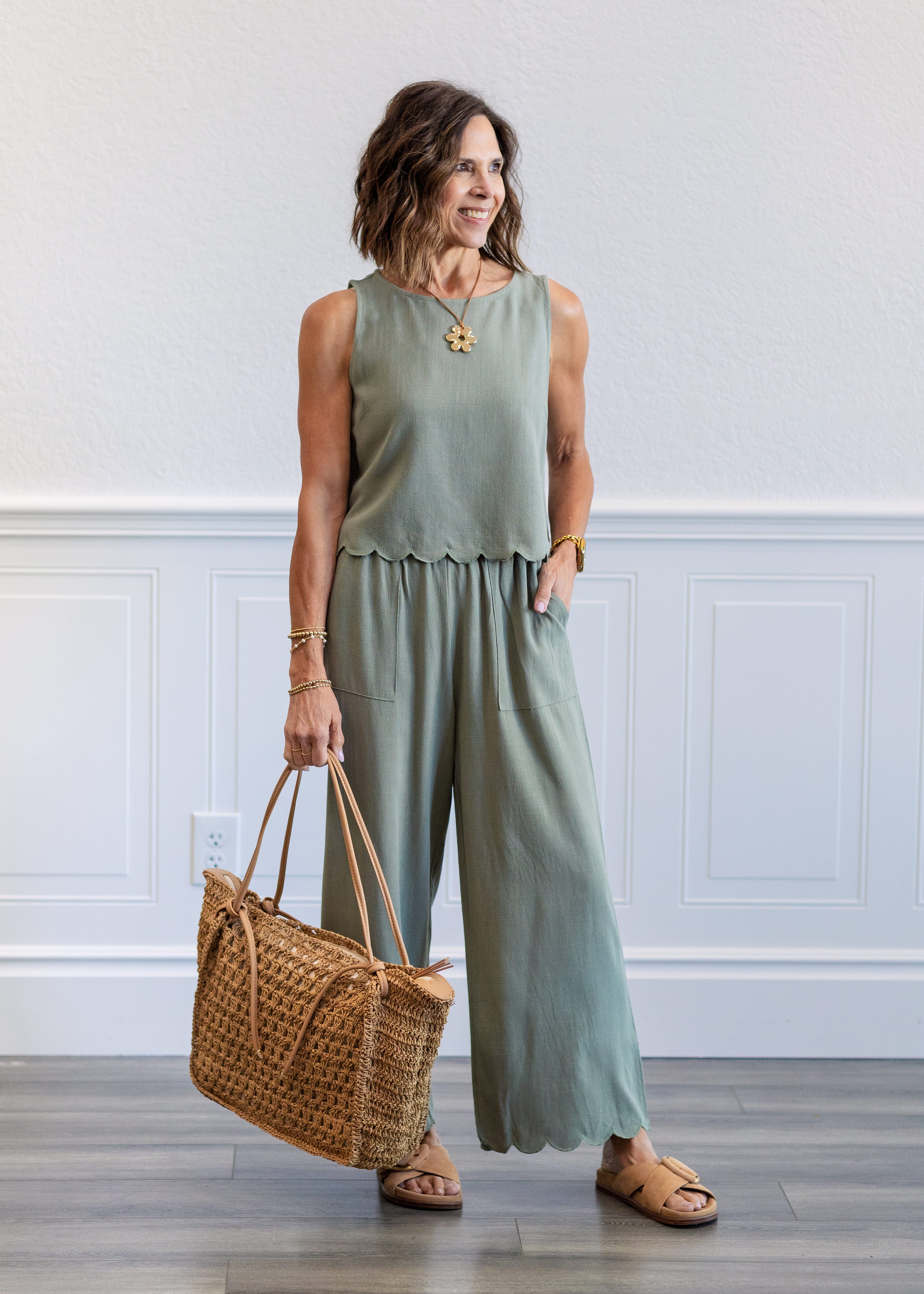 Linen Blend Scallop Tank Top in Sage